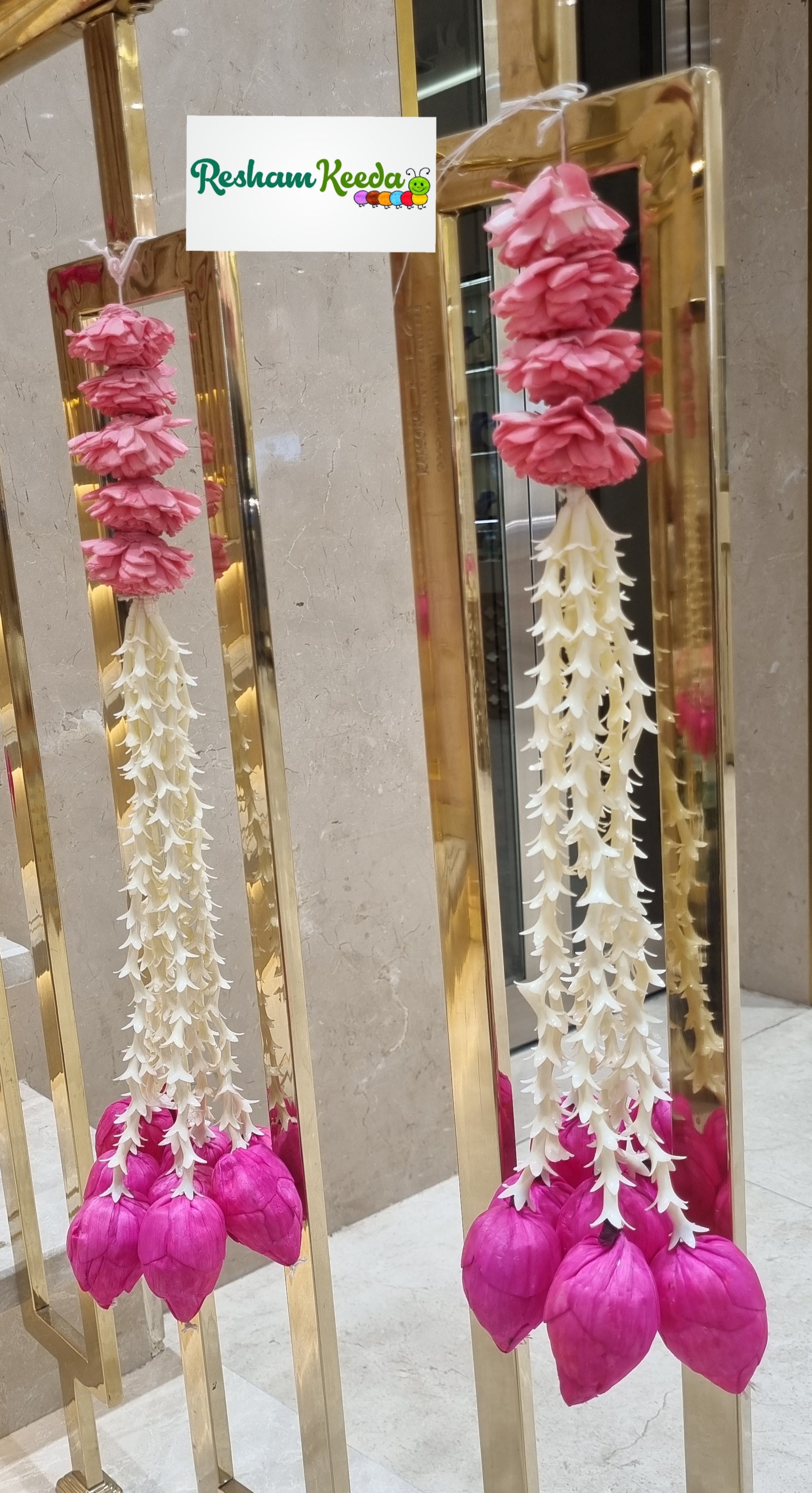 Beautiful Handcrafted White Mogra Flowers with Lotus Buds Wall Ceiling Staircase Hangings Latkans for Festival Haldi Mehendi Wedding Home Decoration (Set of 4)