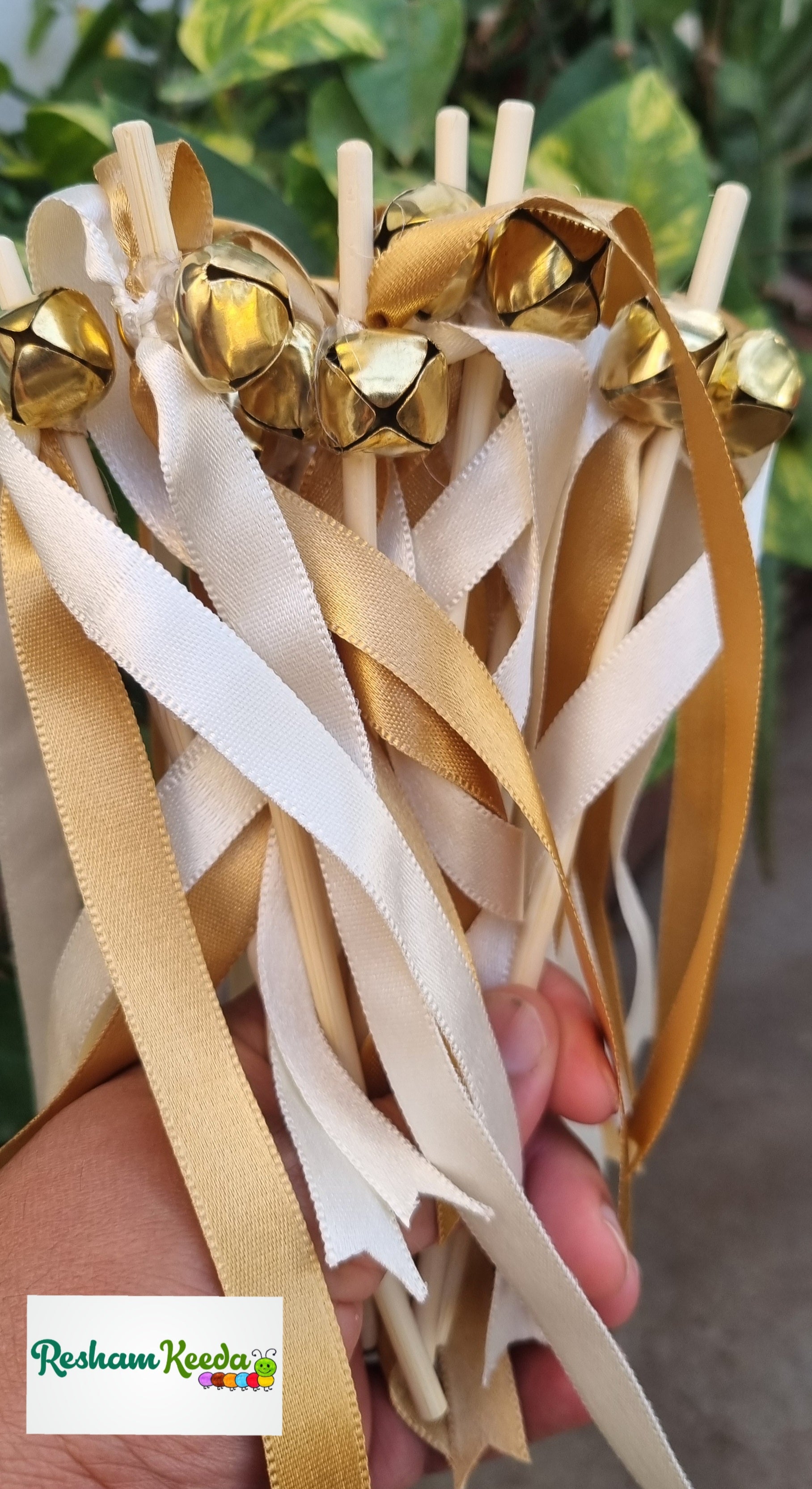 Beautiful Dual Color Satin Ribbon Wedding Bells Ghungroo Sticks Rattles for Welcoming Baby, Bride, Baraat Phera Haldi Mehendi Keertan Satsang Faag Faagotsav Krishna Janmotsav Janamashtmi Baby Shower Giveaways Return Gifts Gifting Favours (Pack of 20)