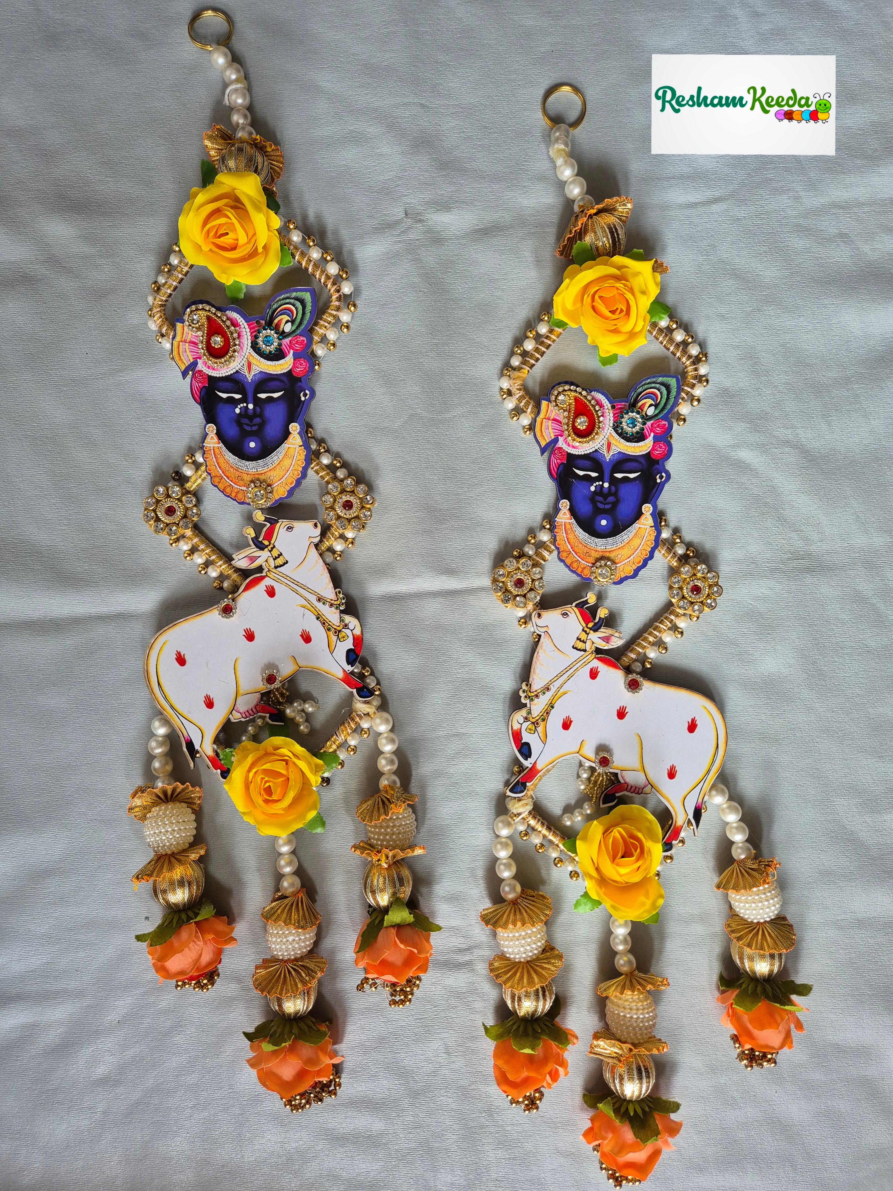 Traditional Srinathji and Cow Door Wall Hanging for Diwali Festival Wedding Home Decoration (Pair)