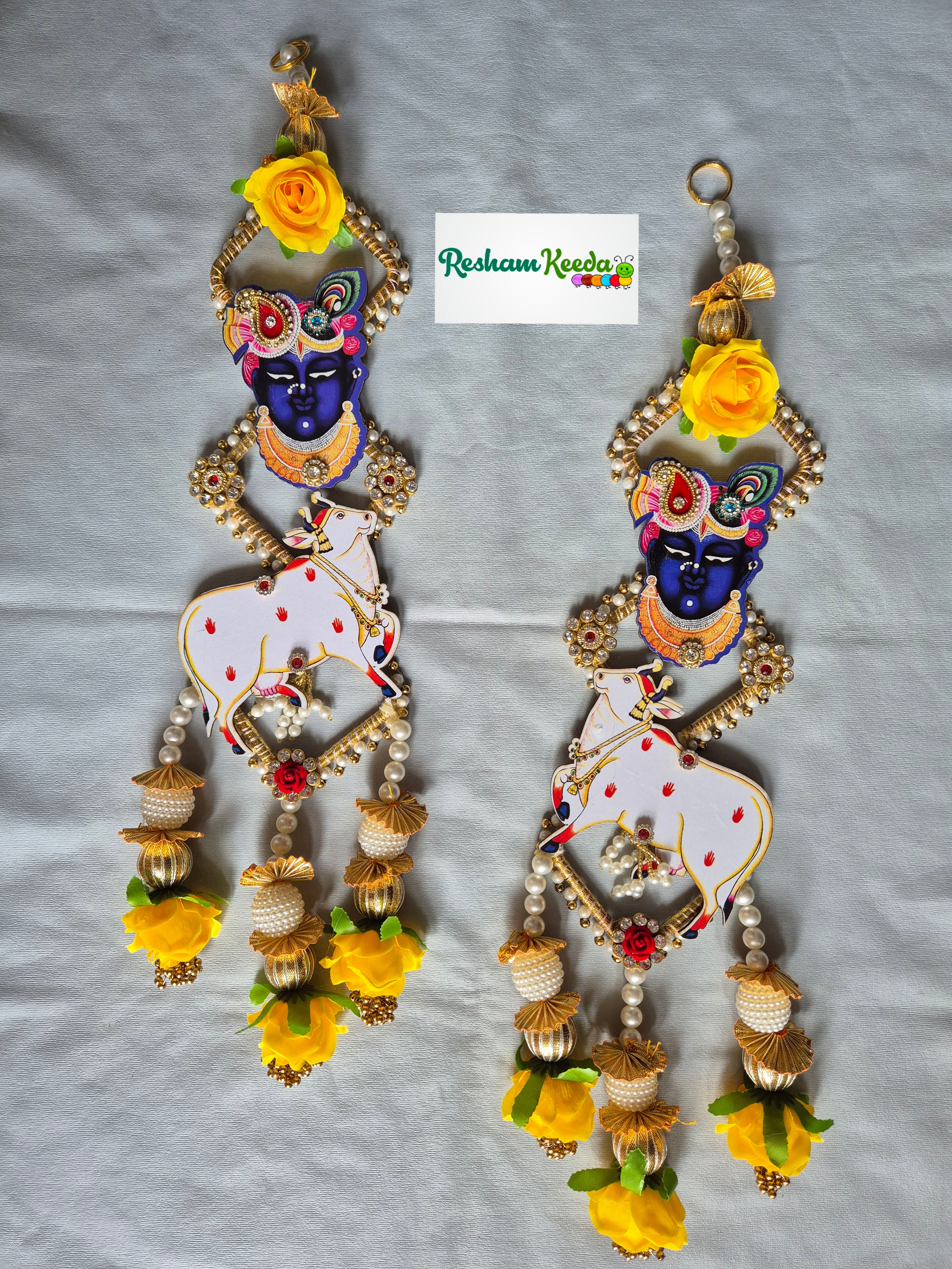 Traditional Srinathji and Cow Door Wall Hanging for Diwali Festival Wedding Home Decoration (Pair)