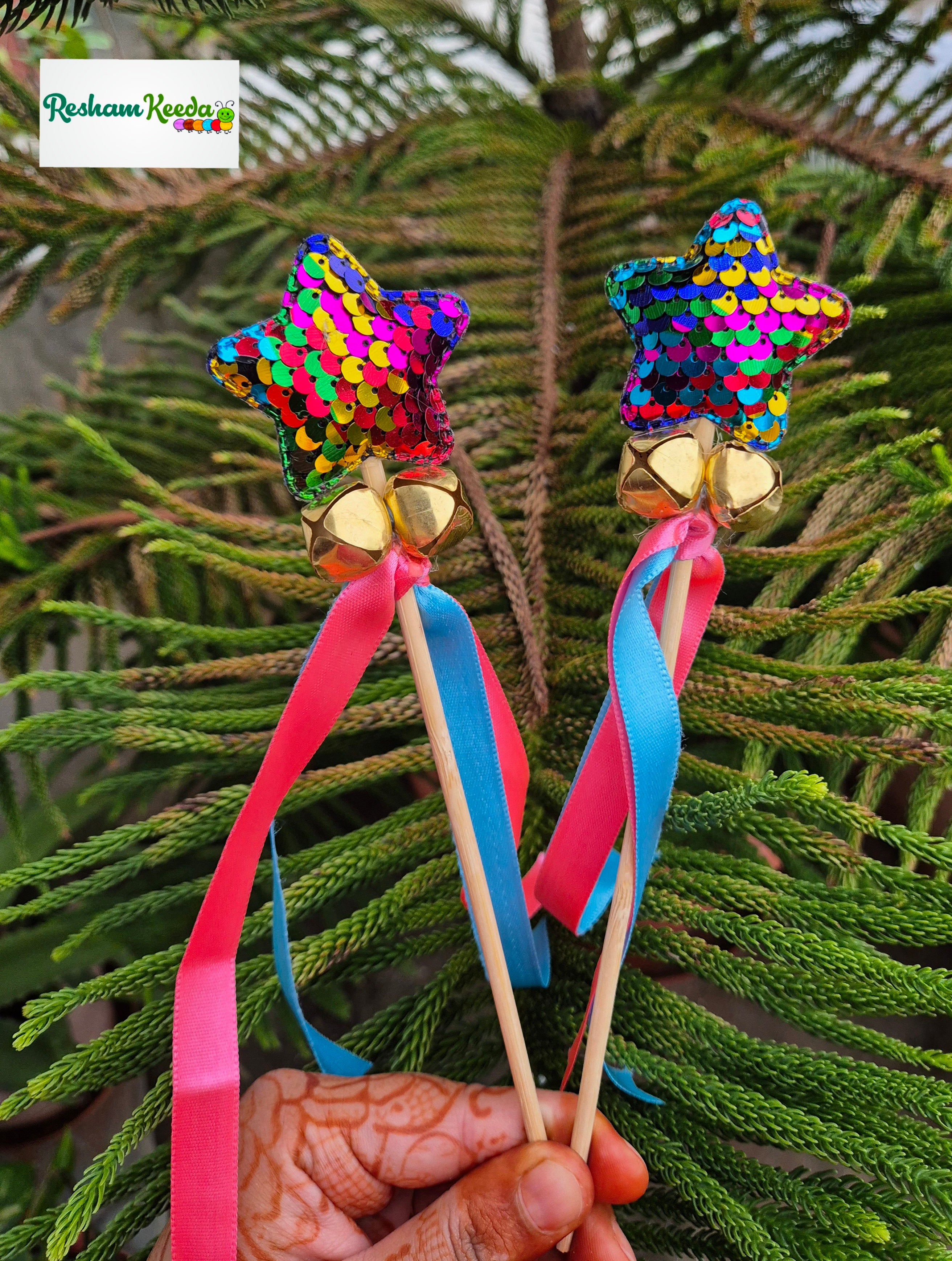 Colorful Star Satin Ribbon Wedding Bells Ghungroo Sticks Rattles for Baby Bride Welcome, Mayra, Baraat Phera Haldi Mehendi Keertan Satsang Faag Faagotsav Krishna Janmotsav Janamashtmi Baby Shower Birthday Giveaway Return Gifts Gifting Favours (Pack of 20)