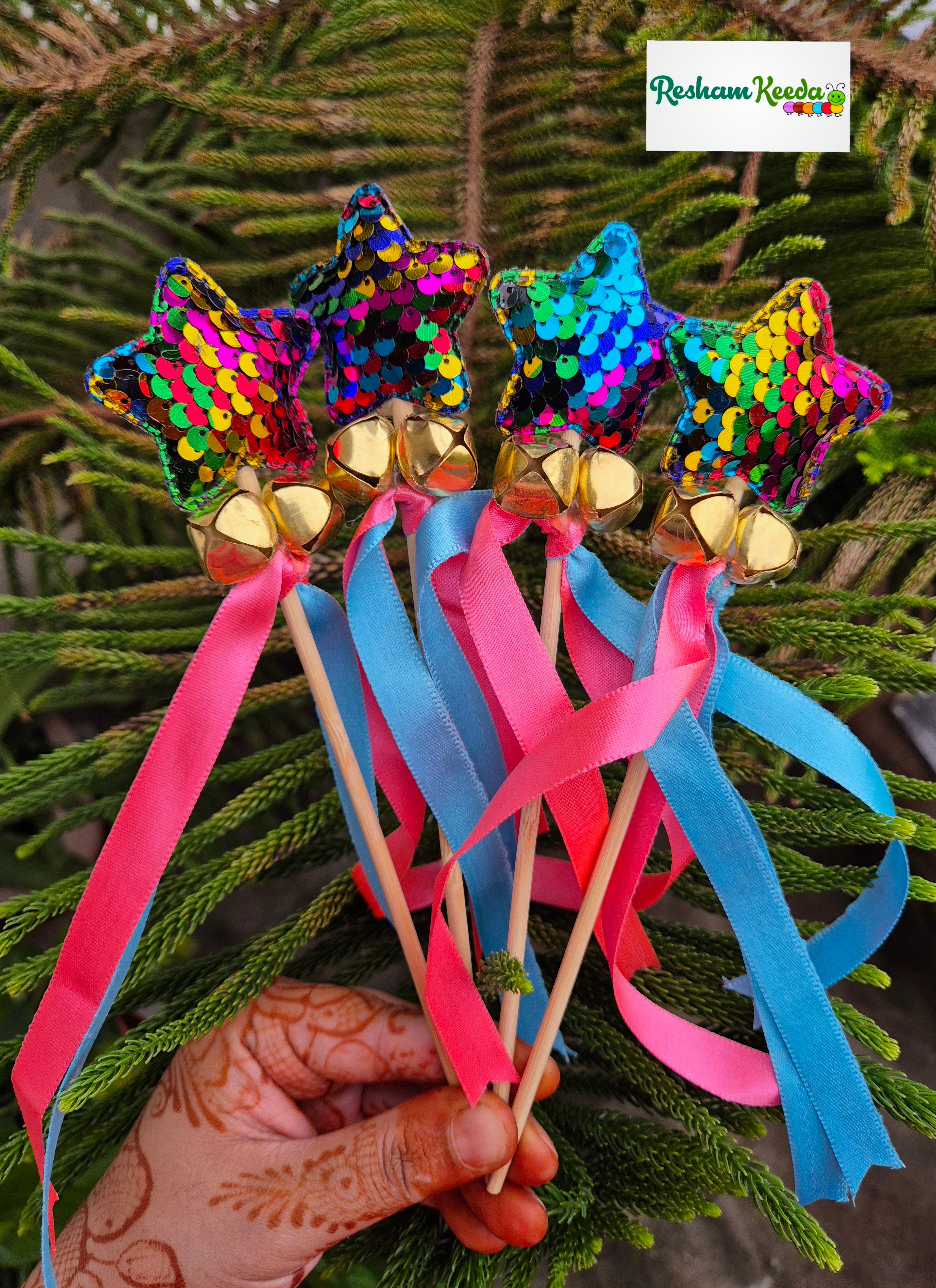 Colorful Star Satin Ribbon Wedding Bells Ghungroo Sticks Rattles for Baby Bride Welcome, Mayra, Baraat Phera Haldi Mehendi Keertan Satsang Faag Faagotsav Krishna Janmotsav Janamashtmi Baby Shower Birthday Giveaway Return Gifts Gifting Favours (Pack of 20)