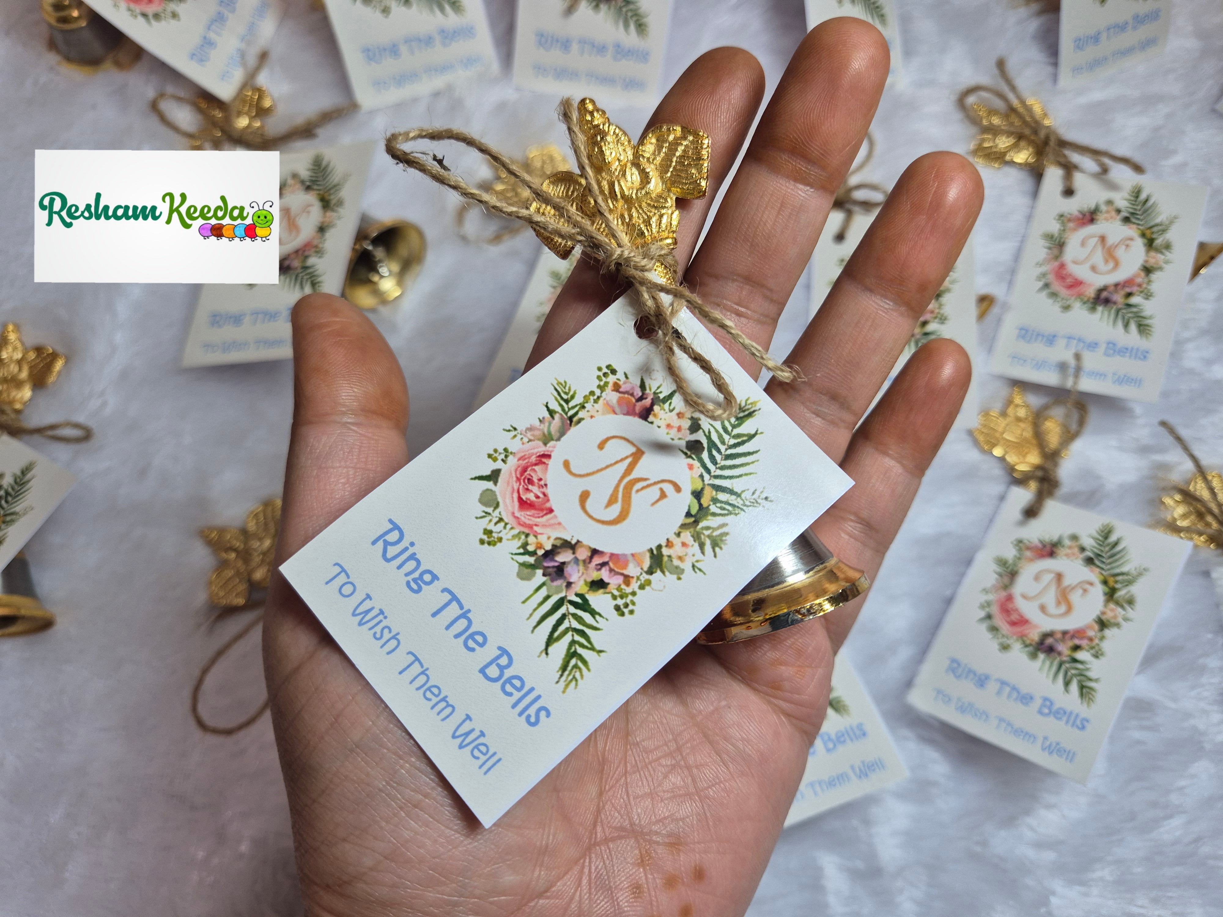 Beautiful Trending Customized Wedding Bells Ghanti Rattles with Name Stickers for Baby Welcome, Bride, Baraat Phera Haldi Mehendi Keertan Satsang Faag Faagotsav Krishna Janmotsav Janamashtmi Baby Shower Giveaways Return Gifts Gifting Favours (Pack of 20)