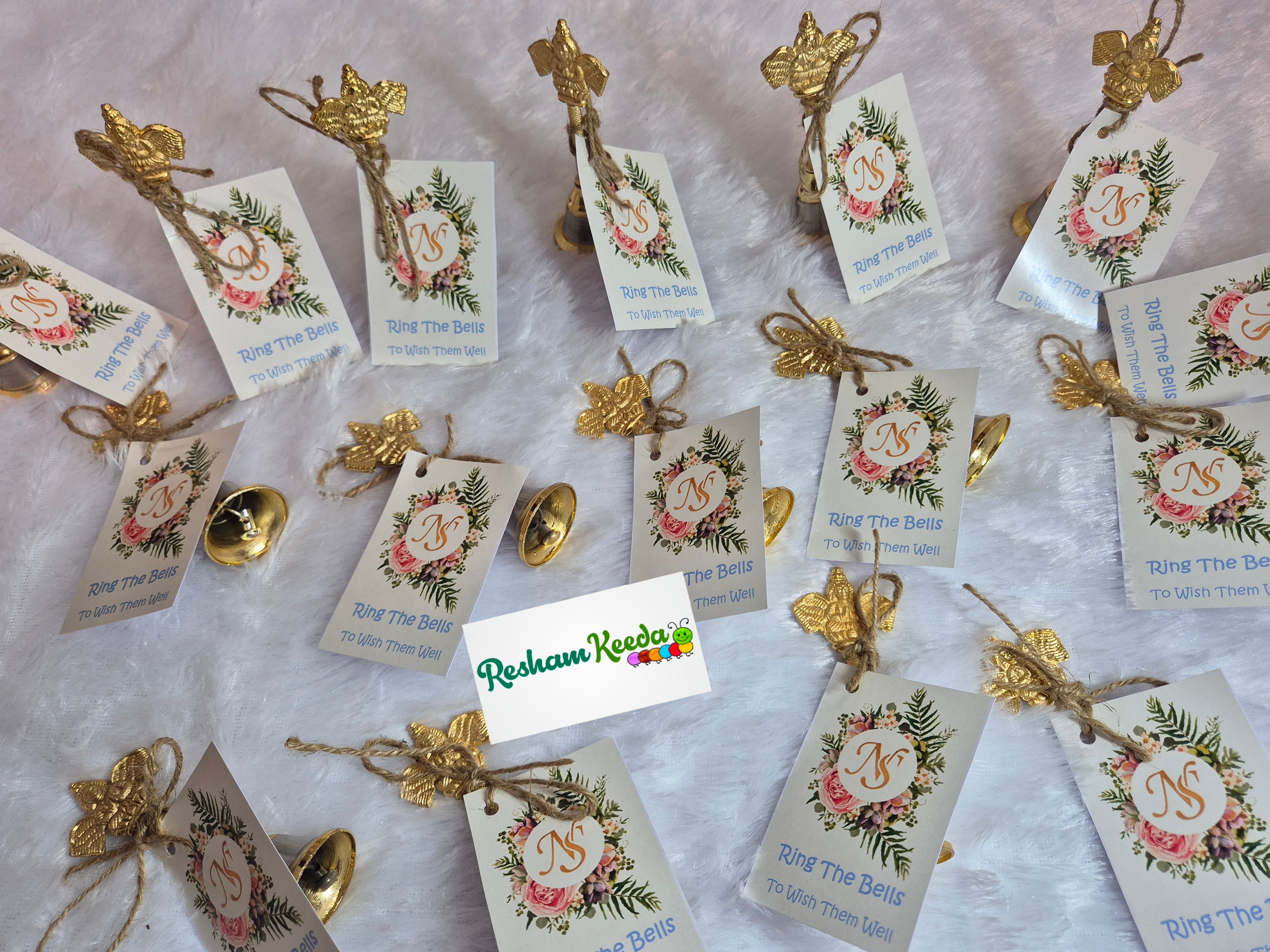 Beautiful Trending Customized Wedding Bells Ghanti Rattles with Name Stickers for Baby Welcome, Bride, Baraat Phera Haldi Mehendi Keertan Satsang Faag Faagotsav Krishna Janmotsav Janamashtmi Baby Shower Giveaways Return Gifts Gifting Favours (Pack of 20)