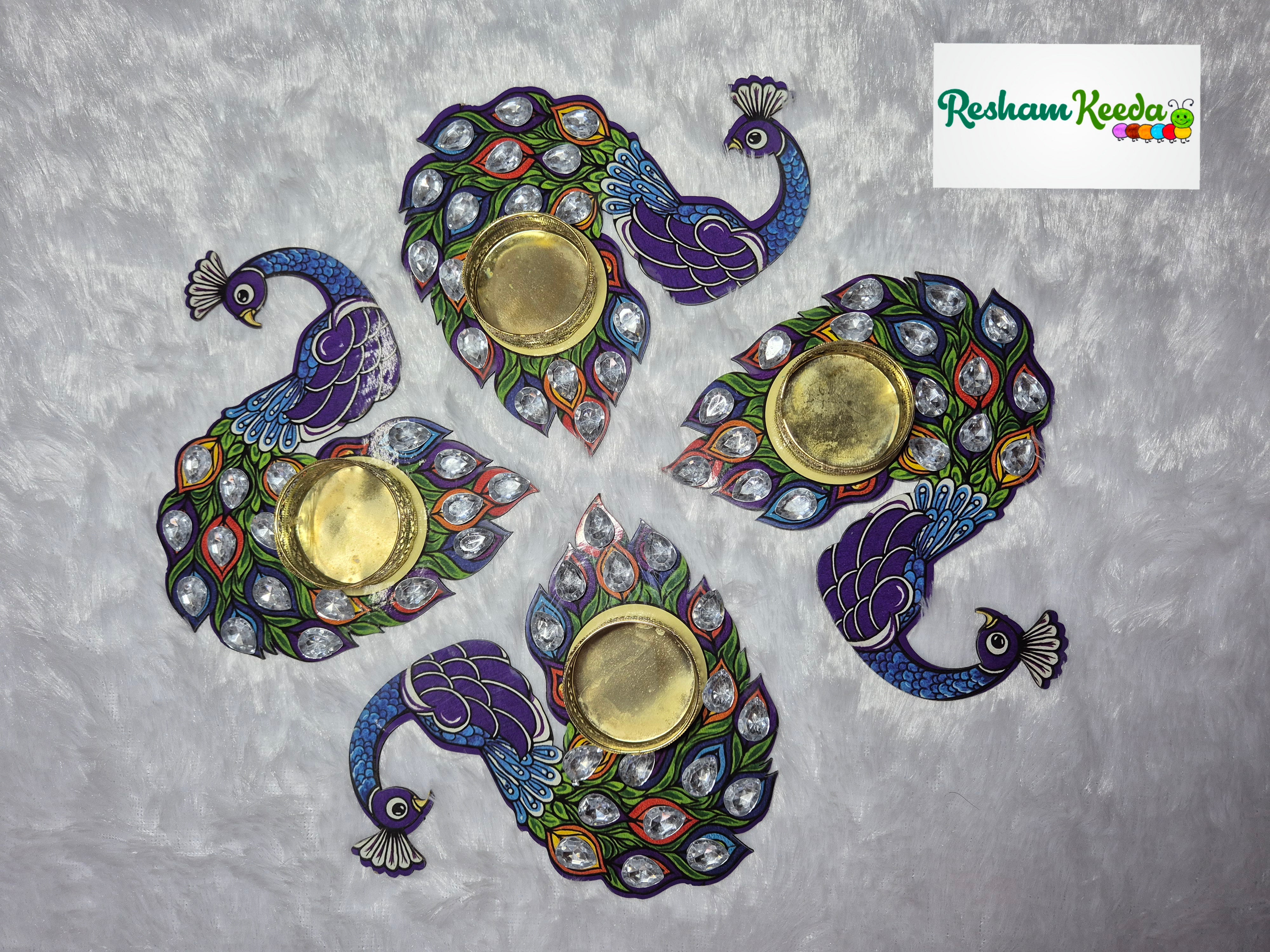 Budget Friendly Wooden Mdf Peacock Theme Diamond Studded Candles Tlights Holders for Diwali Navratri Durga Pooja Festival Wedding and Home Decoration (Pack of 4)