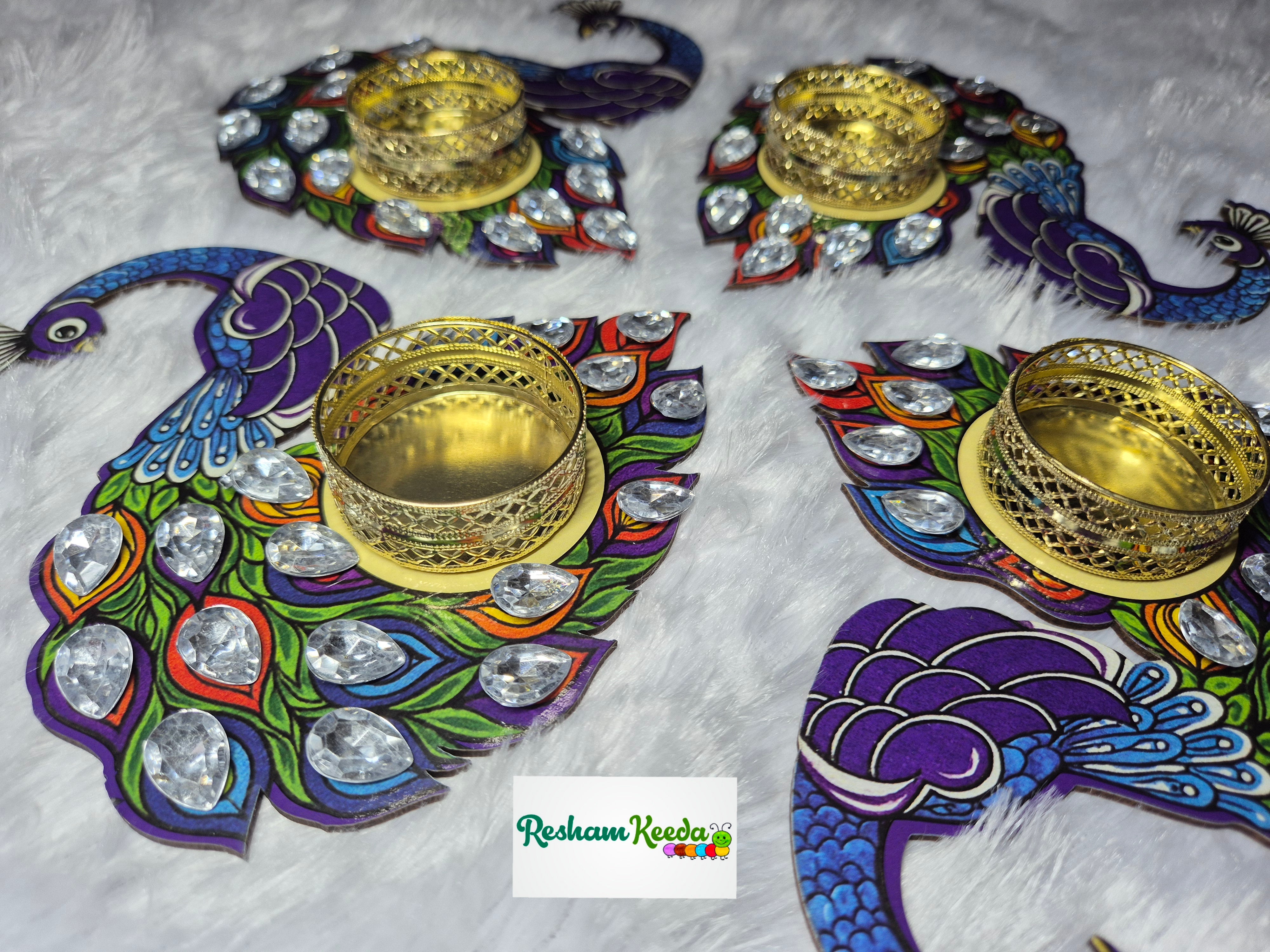 Budget Friendly Wooden Mdf Peacock Theme Diamond Studded Candles Tlights Holders for Diwali Navratri Durga Pooja Festival Wedding and Home Decoration (Pack of 4)