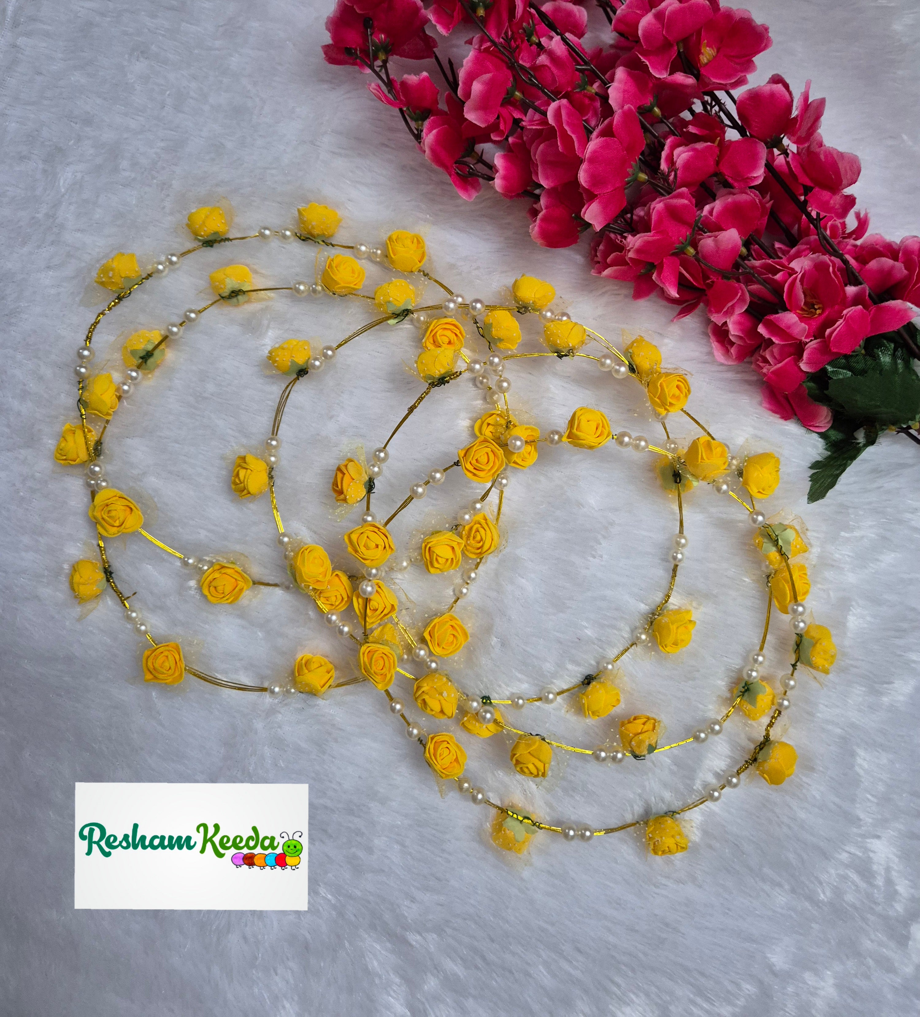Beautiful Pearl Motifs Yellow Roses Floral Golden Tiara Crown Set for Return Favours Gifting Giveaways in Haldi Mehendi Wedding Parties for Bridesmaid (Set of 5)
