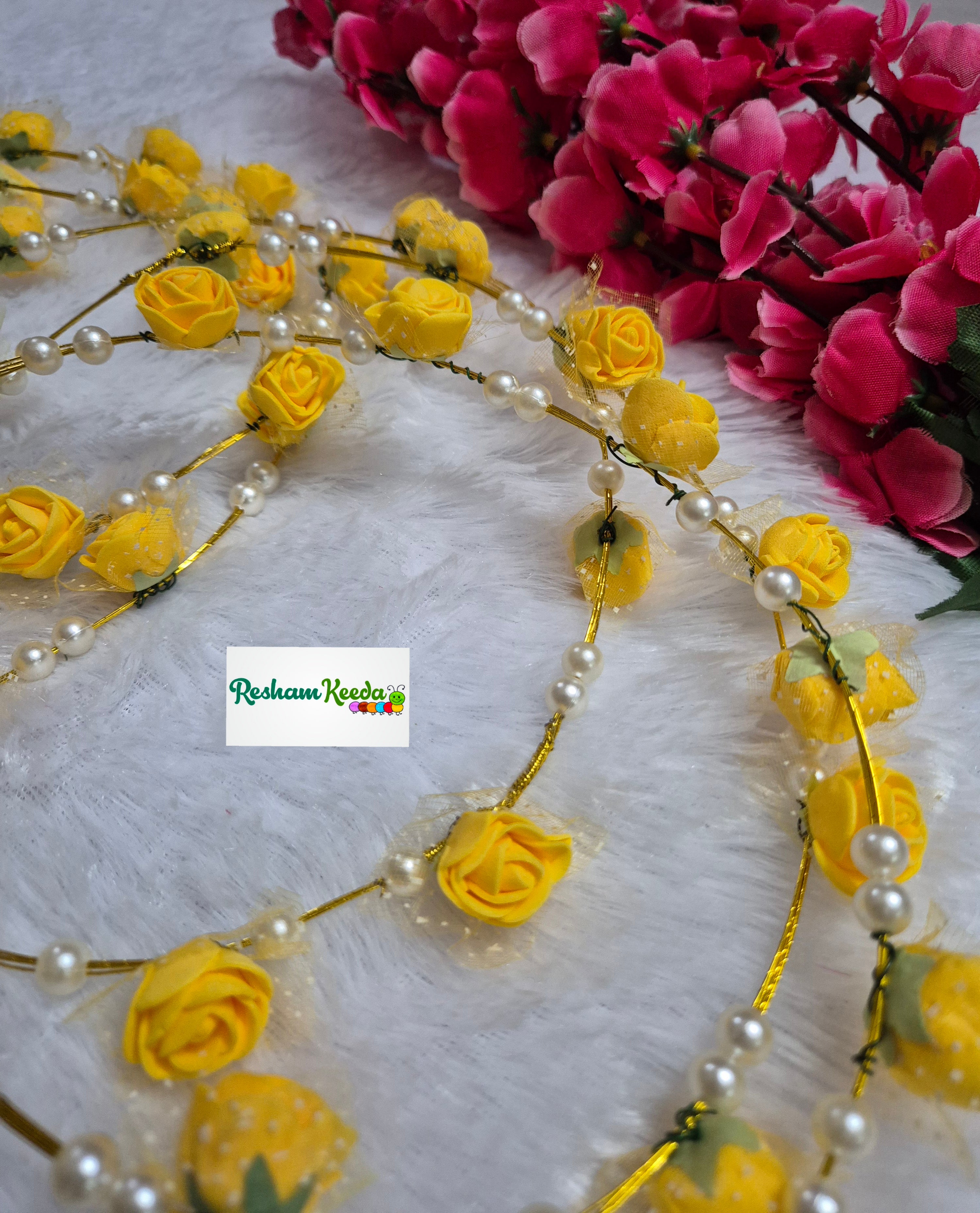 Beautiful Pearl Motifs Yellow Roses Floral Golden Tiara Crown Set for Return Favours Gifting Giveaways in Haldi Mehendi Wedding Parties for Bridesmaid (Set of 5)