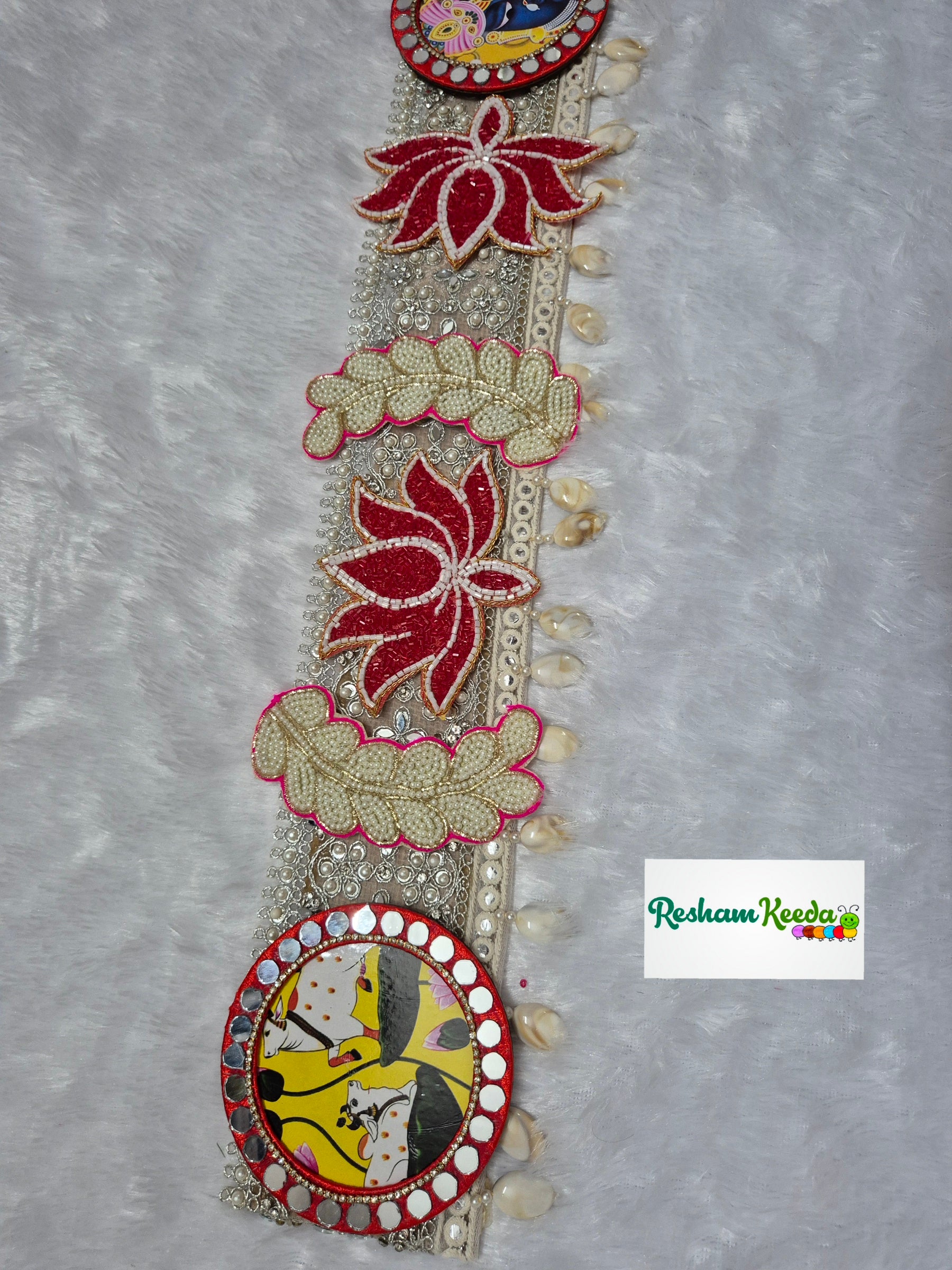 Beautifully Handcrafted Designer Mirror Work SrinathJi Lotus Cow Bandarwal Toran Bandhanwar For Diwali Navratri Kirishna Janmashtmi Grah Pravesh House Warming Wedding Festival Home Decoration