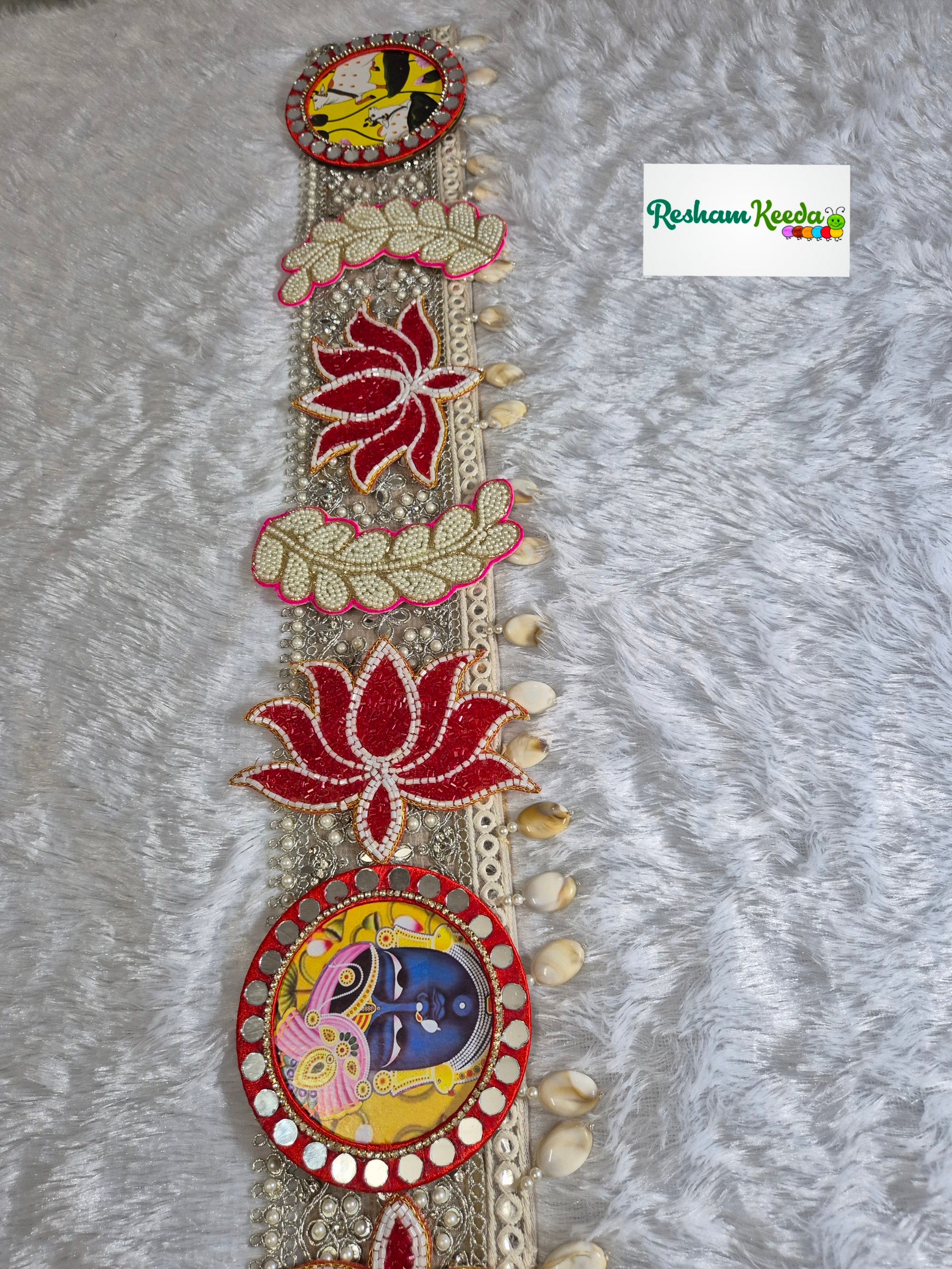 Beautifully Handcrafted Designer Mirror Work SrinathJi Lotus Cow Bandarwal Toran Bandhanwar For Diwali Navratri Kirishna Janmashtmi Grah Pravesh House Warming Wedding Festival Home Decoration