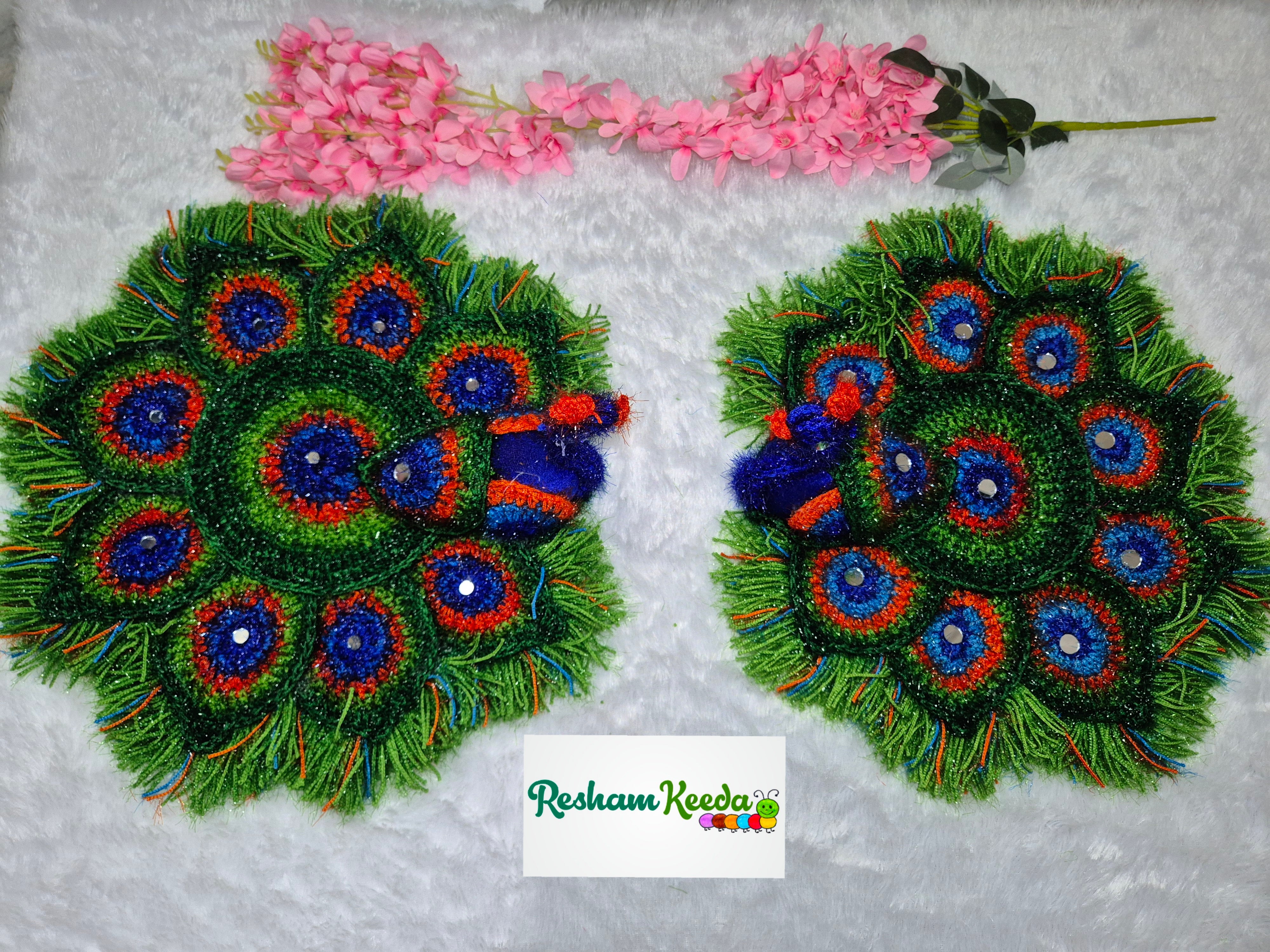 Beautiful Handcrafted Woolen Crochet Peacock Mats Readymade Rangoli Perfect for Diwali Navratri Janamashtmi Ganesh Utsav Durga Pooja Festival Wedding Home Decoration and House Warming Gifting (1 piece)