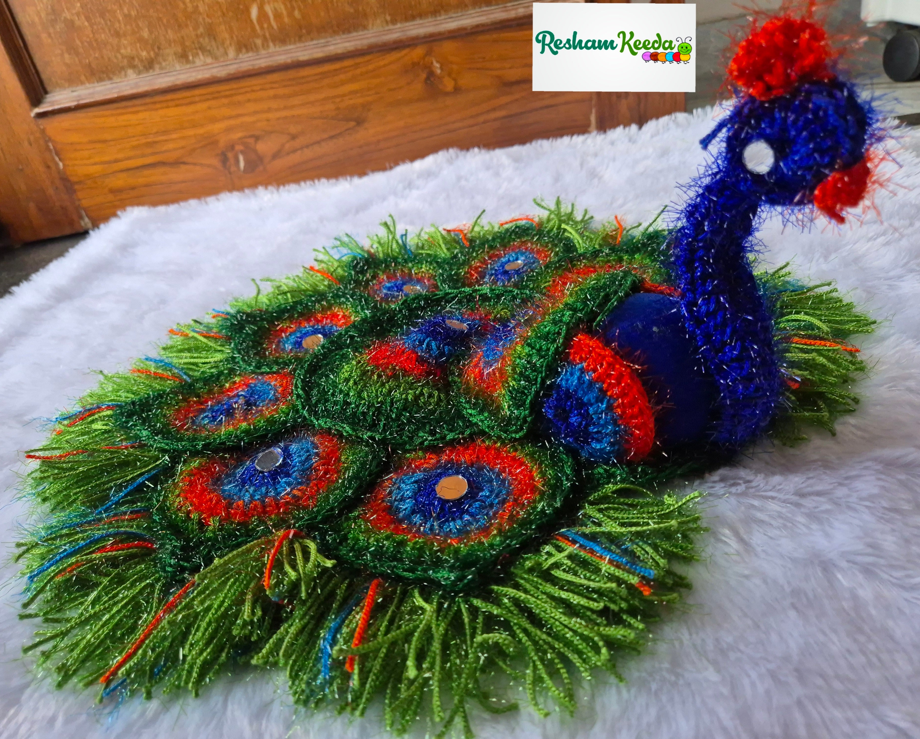 Beautiful Handcrafted Woolen Crochet Peacock Mats Readymade Rangoli Perfect for Diwali Navratri Janamashtmi Ganesh Utsav Durga Pooja Festival Wedding Home Decoration and House Warming Gifting (1 piece)