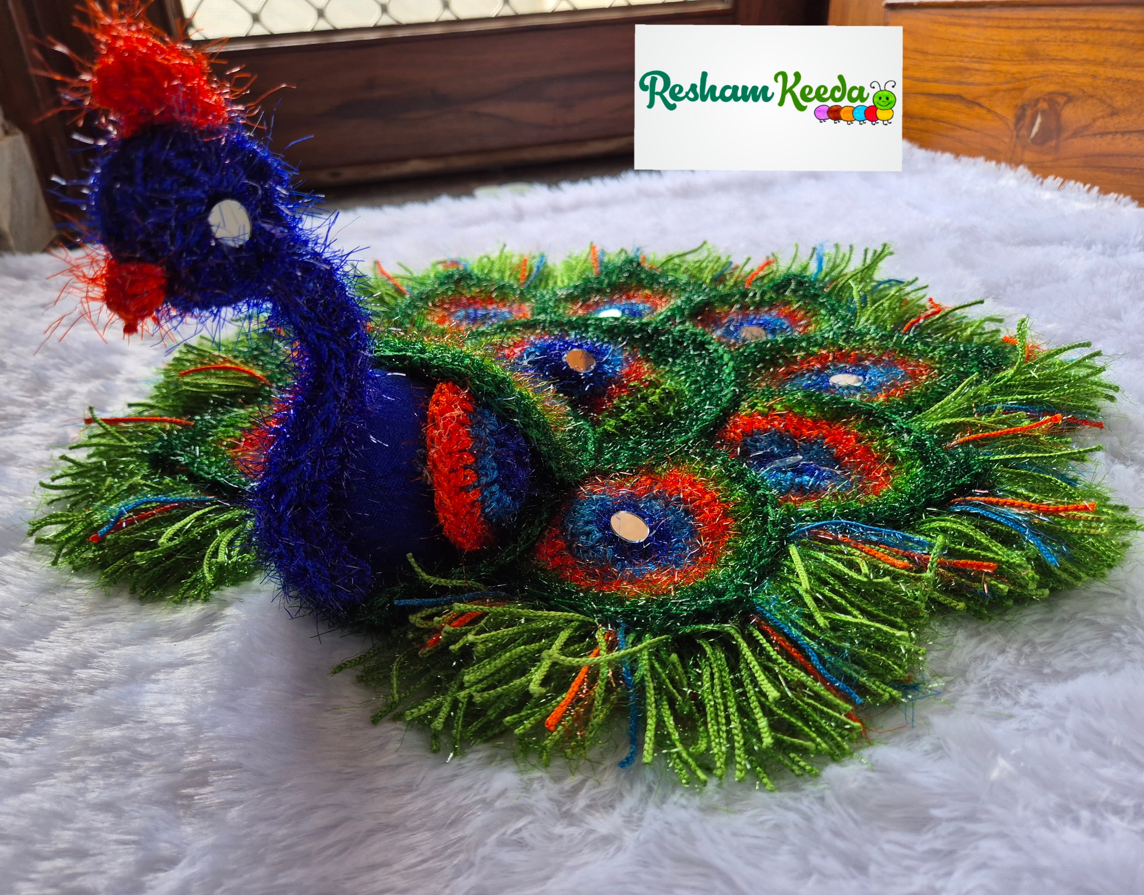 Beautiful Handcrafted Woolen Crochet Peacock Mats Readymade Rangoli Perfect for Diwali Navratri Janamashtmi Ganesh Utsav Durga Pooja Festival Wedding Home Decoration and House Warming Gifting (1 piece)