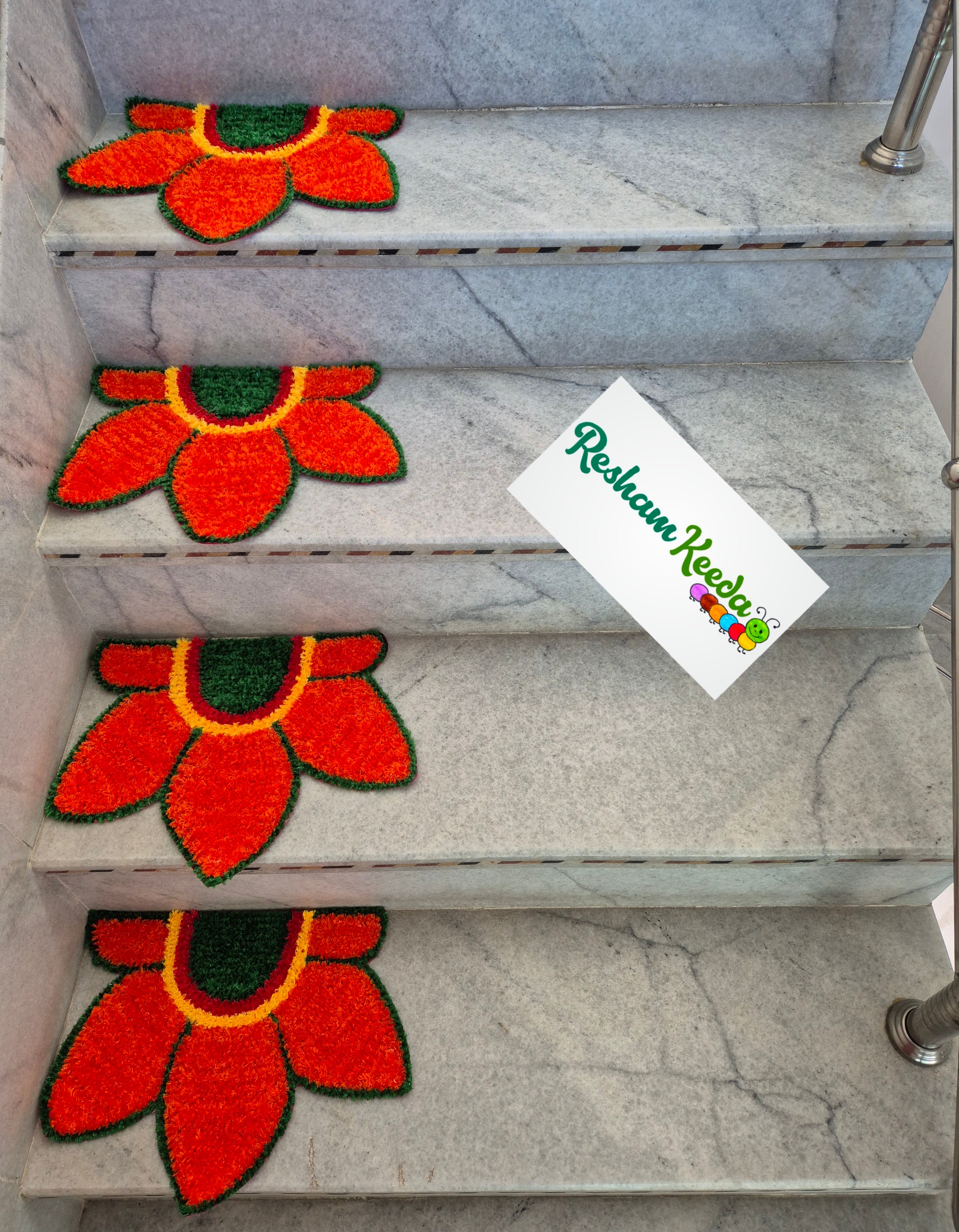 Beautiful Lotus Theme Feather Yarn Readymade Rangoli Mats for Corner and Staircase Home Decoration in Diwali Navratri Festival Wedding and Gifting (Set of 4 pieces)