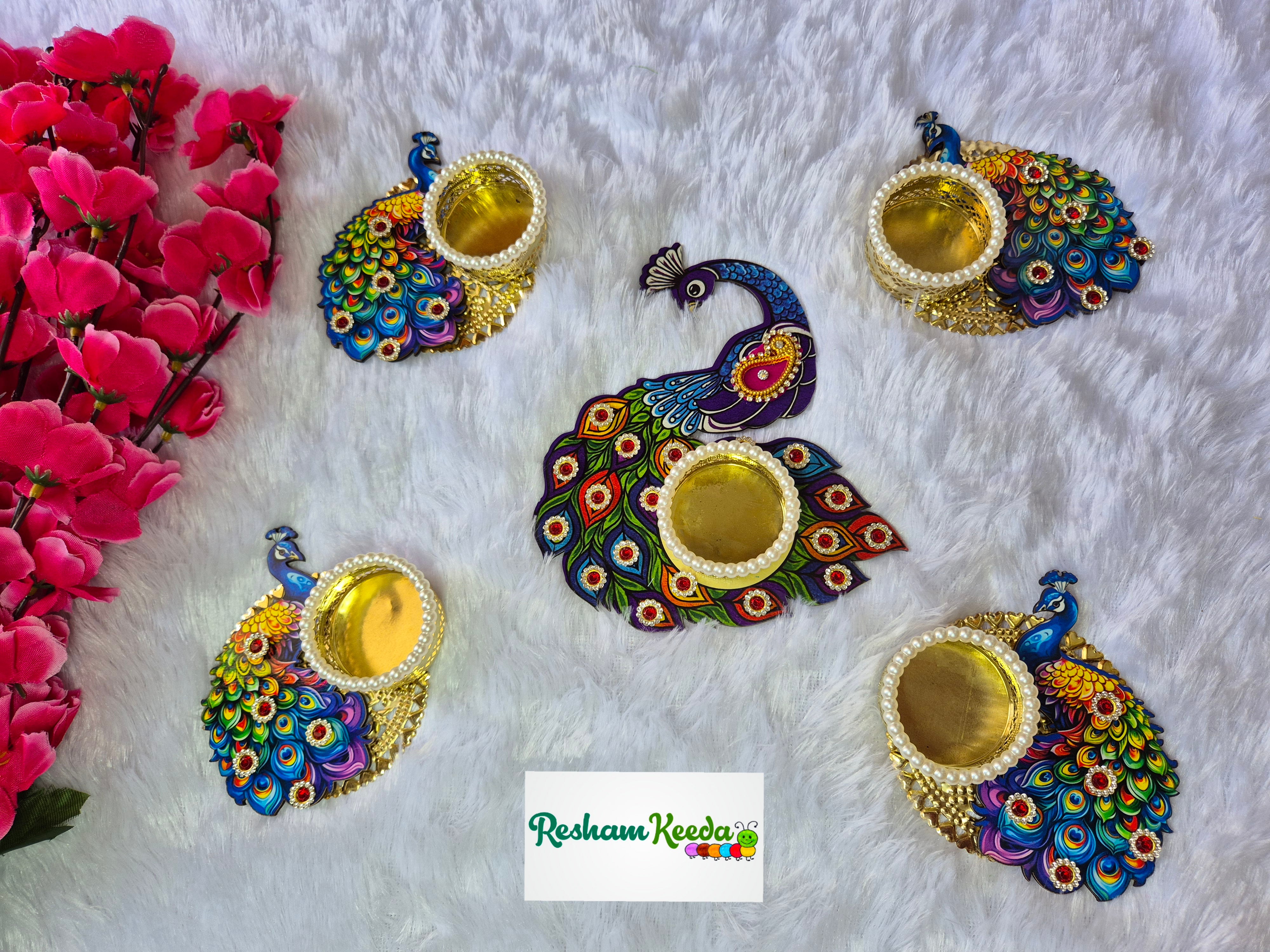 Budget Friendly Wooden Mdf Peacock Readymade Rangoli Kit with Candles Tlights Holders for Diwali Navratri Durga Pooja Festival, Wedding and Home Decoration (Set of 5 pieces)