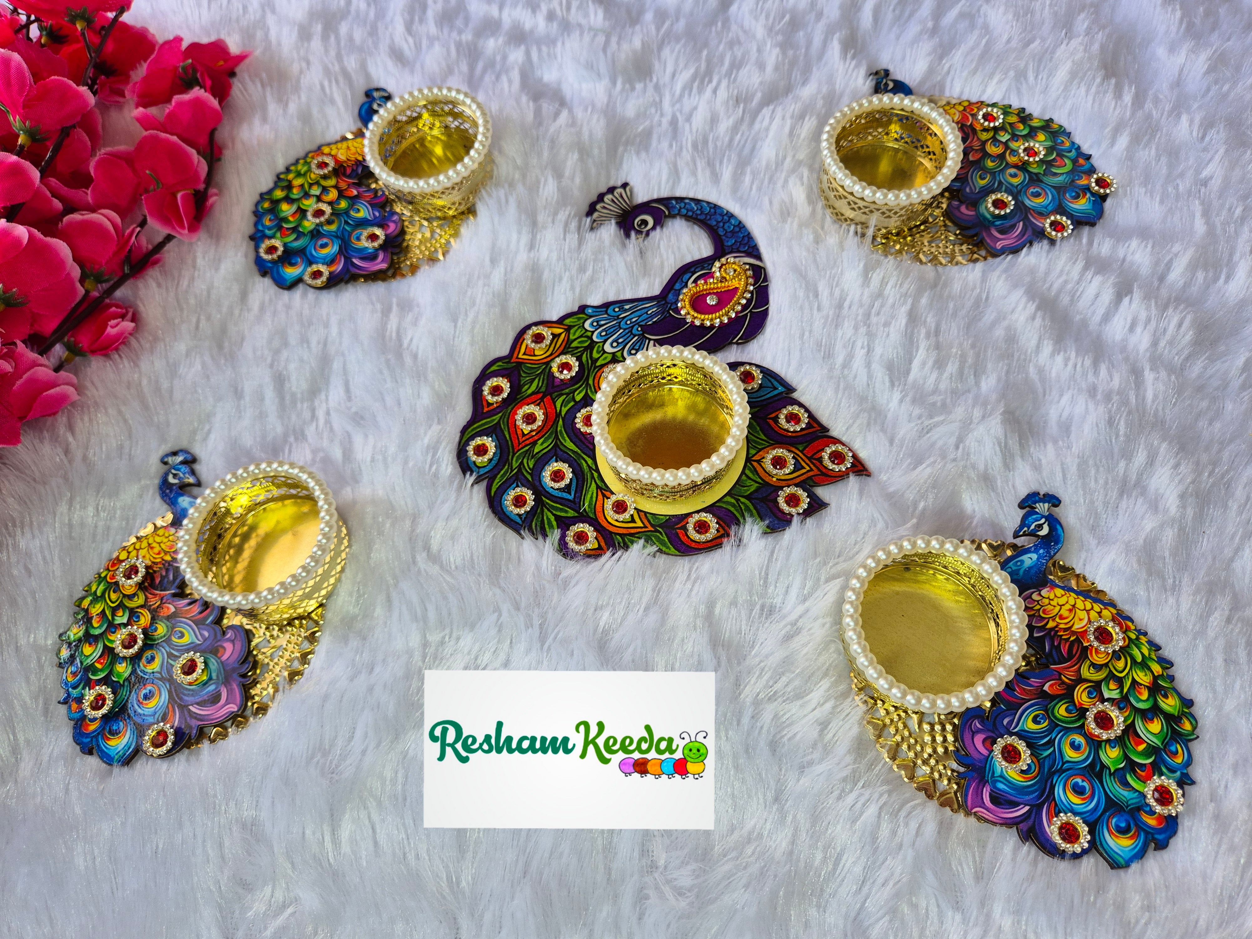 Budget Friendly Wooden Mdf Peacock Readymade Rangoli Kit with Candles Tlights Holders for Diwali Navratri Durga Pooja Festival, Wedding and Home Decoration (Set of 5 pieces)