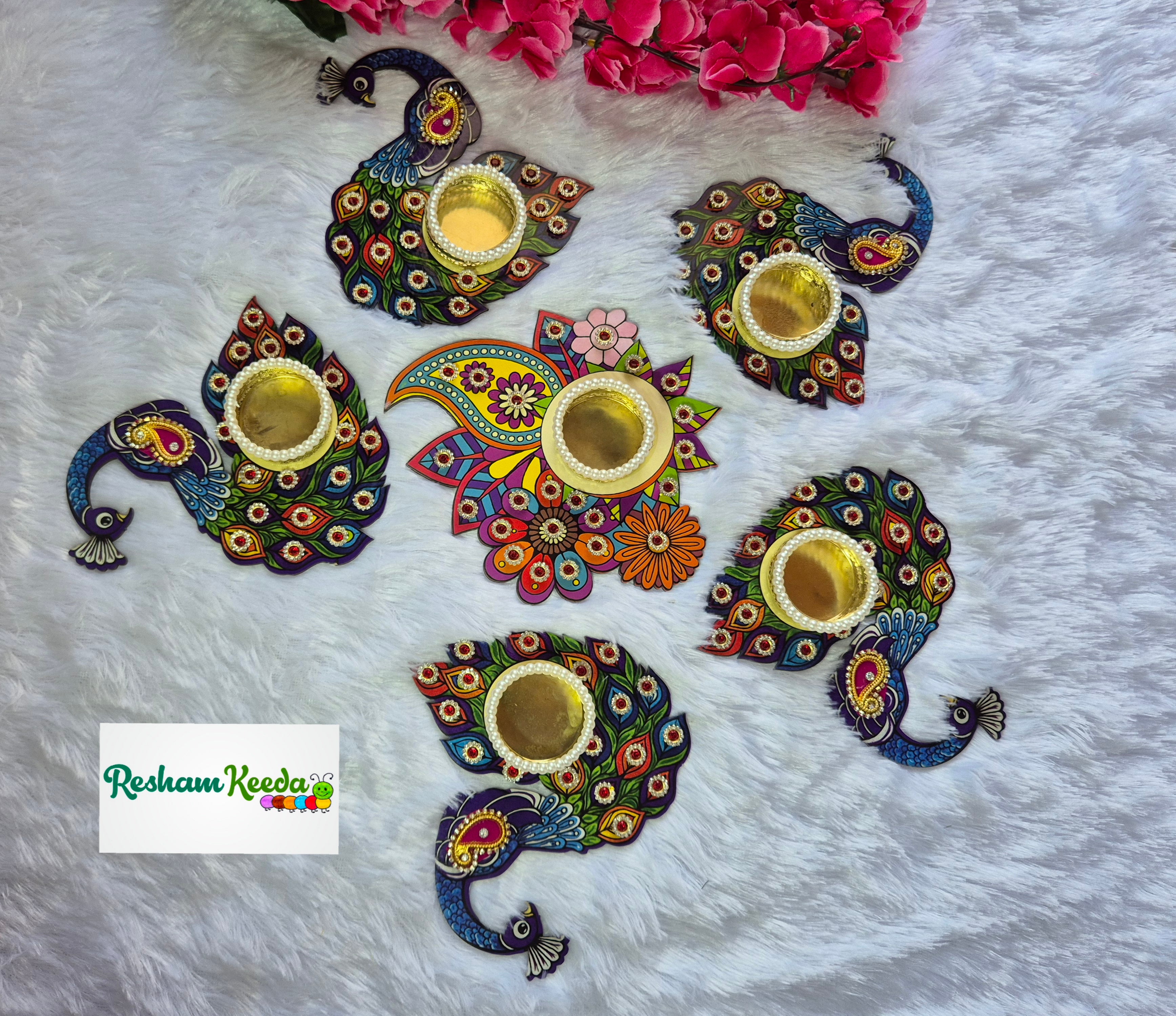 Budget Friendly Wooden Mdf Peacock Readymade Rangoli Kit with Candles Tlights Holders for Diwali Navratri Durga Pooja Festival, Wedding and Home Decoration (Set of 6 pieces)