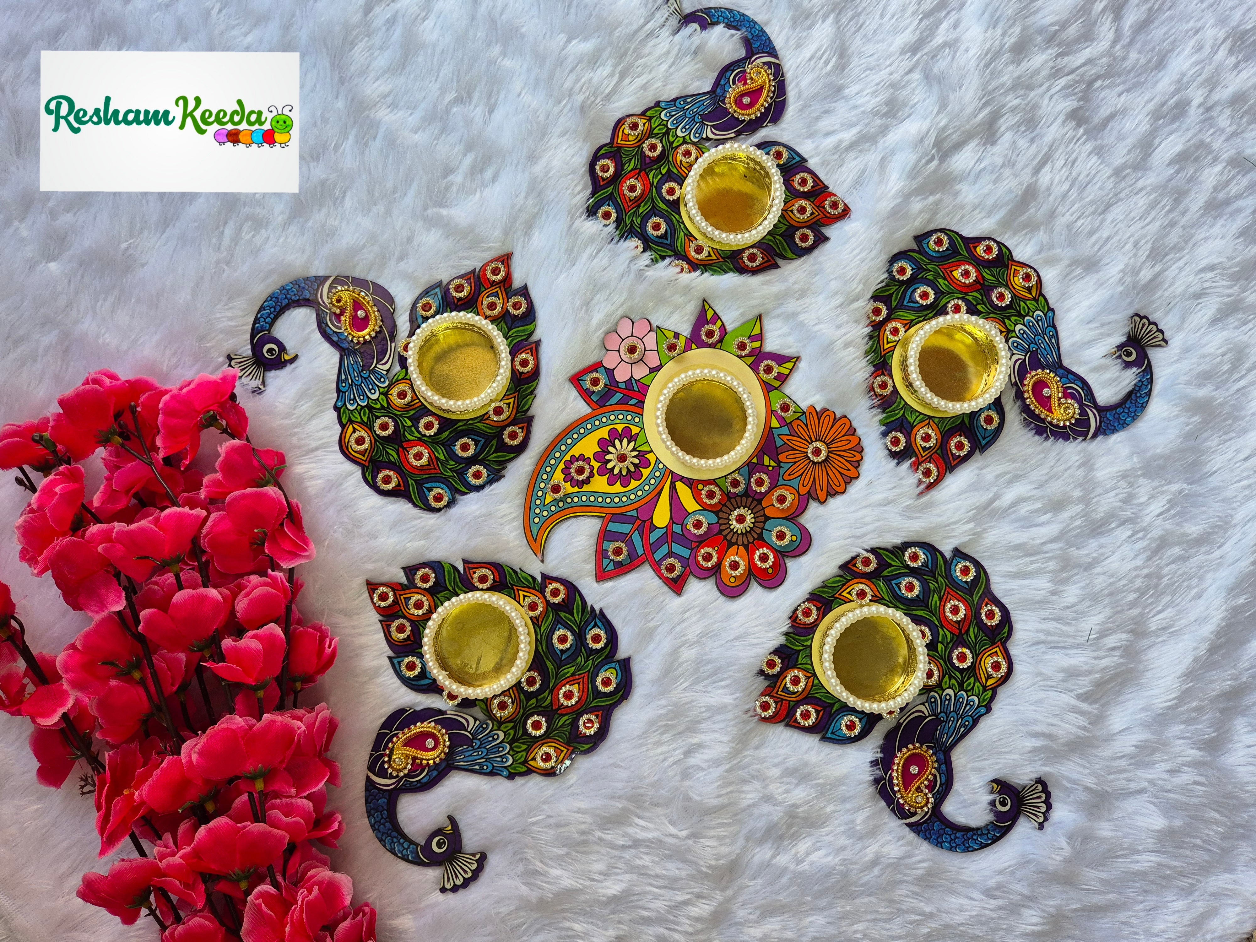 Budget Friendly Wooden Mdf Peacock Readymade Rangoli Kit with Candles Tlights Holders for Diwali Navratri Durga Pooja Festival, Wedding and Home Decoration (Set of 6 pieces)