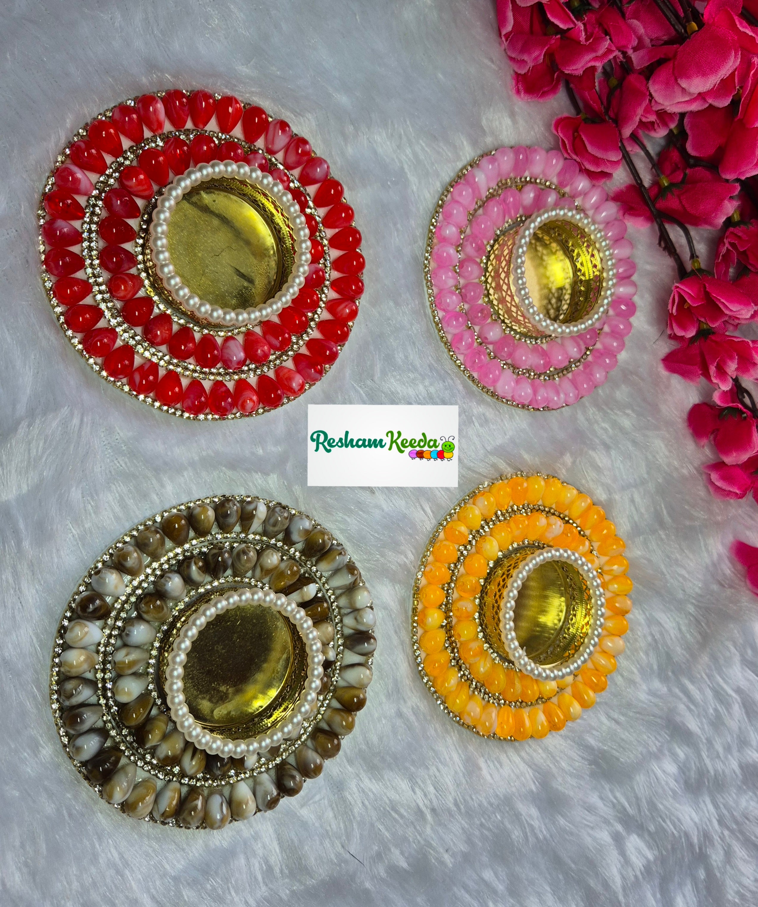 Budget Friendly Stone Studded Candles Tlights Holders for Diwali Navratri Durga Pooja Festival Wedding and Home Decoration (Pack of 4)