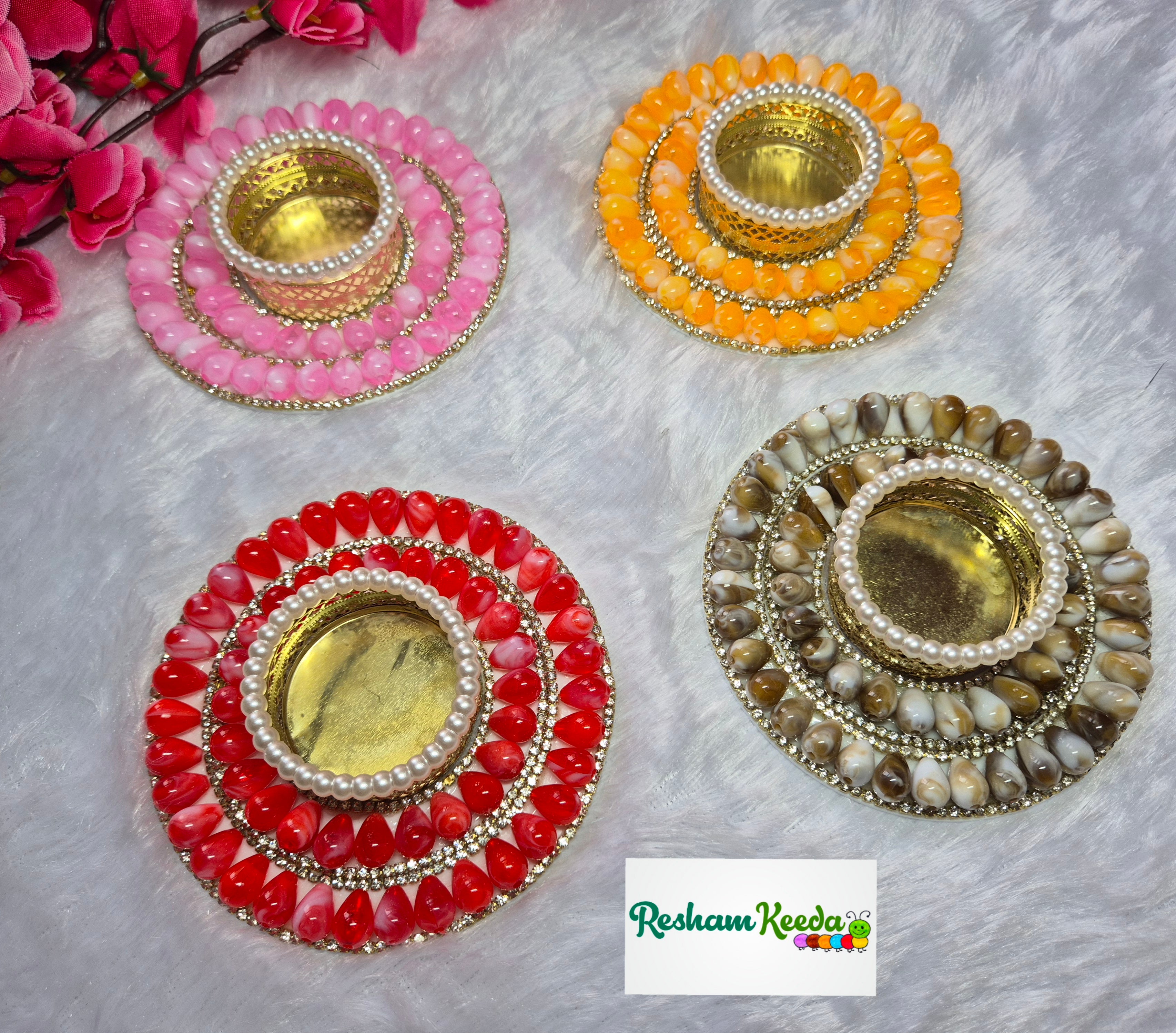 Budget Friendly Stone Studded Candles Tlights Holders for Diwali Navratri Durga Pooja Festival Wedding and Home Decoration (Pack of 4)