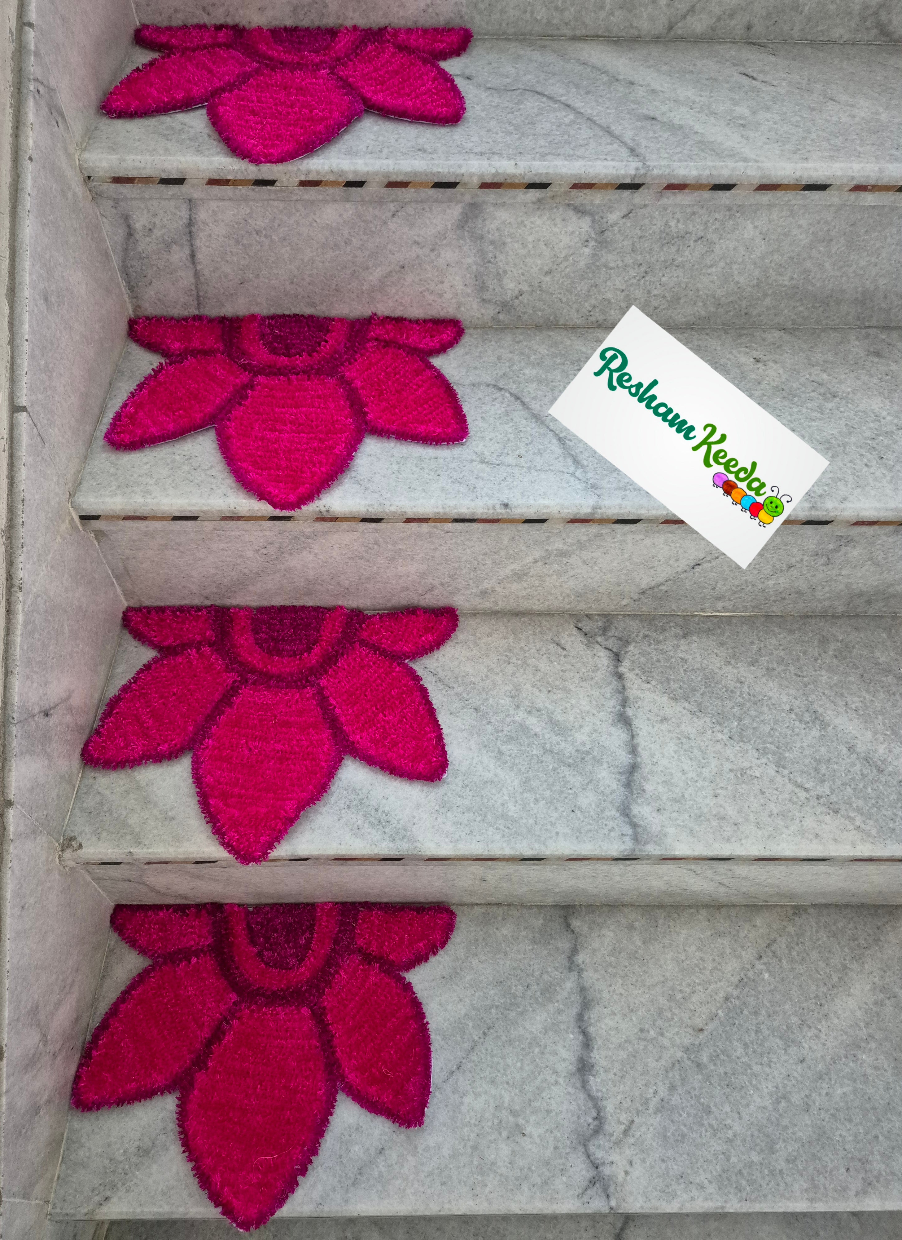 Beautiful Lotus Theme Feather Yarn Readymade Rangoli Mats for Corner and Staircase Home Decoration in Diwali Navratri Festival Wedding and Gifting (Set of 4 pieces)