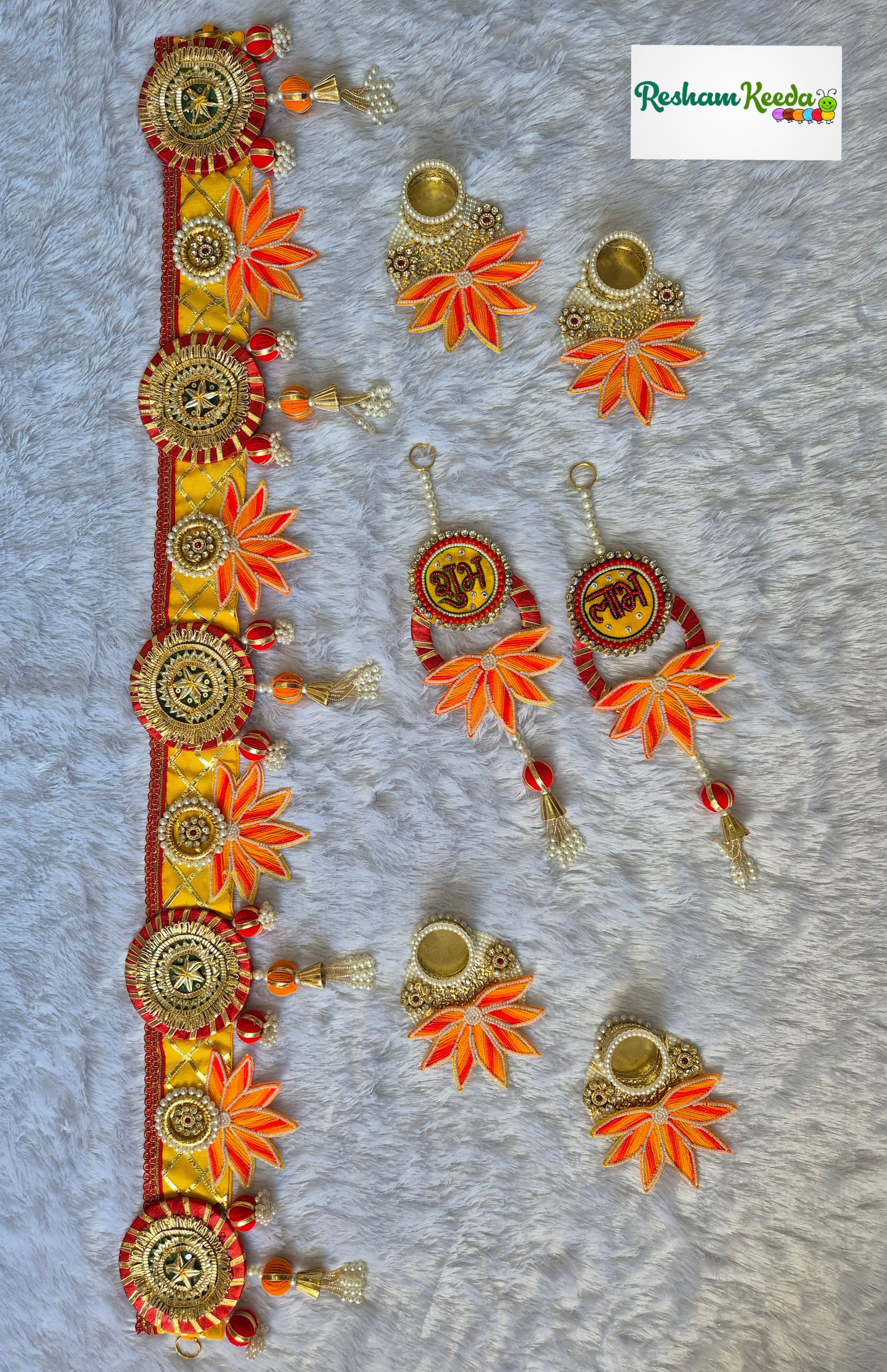 Beautiful Combo of Handcrafted Lotus Gota Patti Bandarwal Toran Bandhanwar with Shubh Labh Hangings and Matching Tlights Holders For Diwali Krishna Janamashtmi Grah Pravesh House Warming Wedding Home Decoration