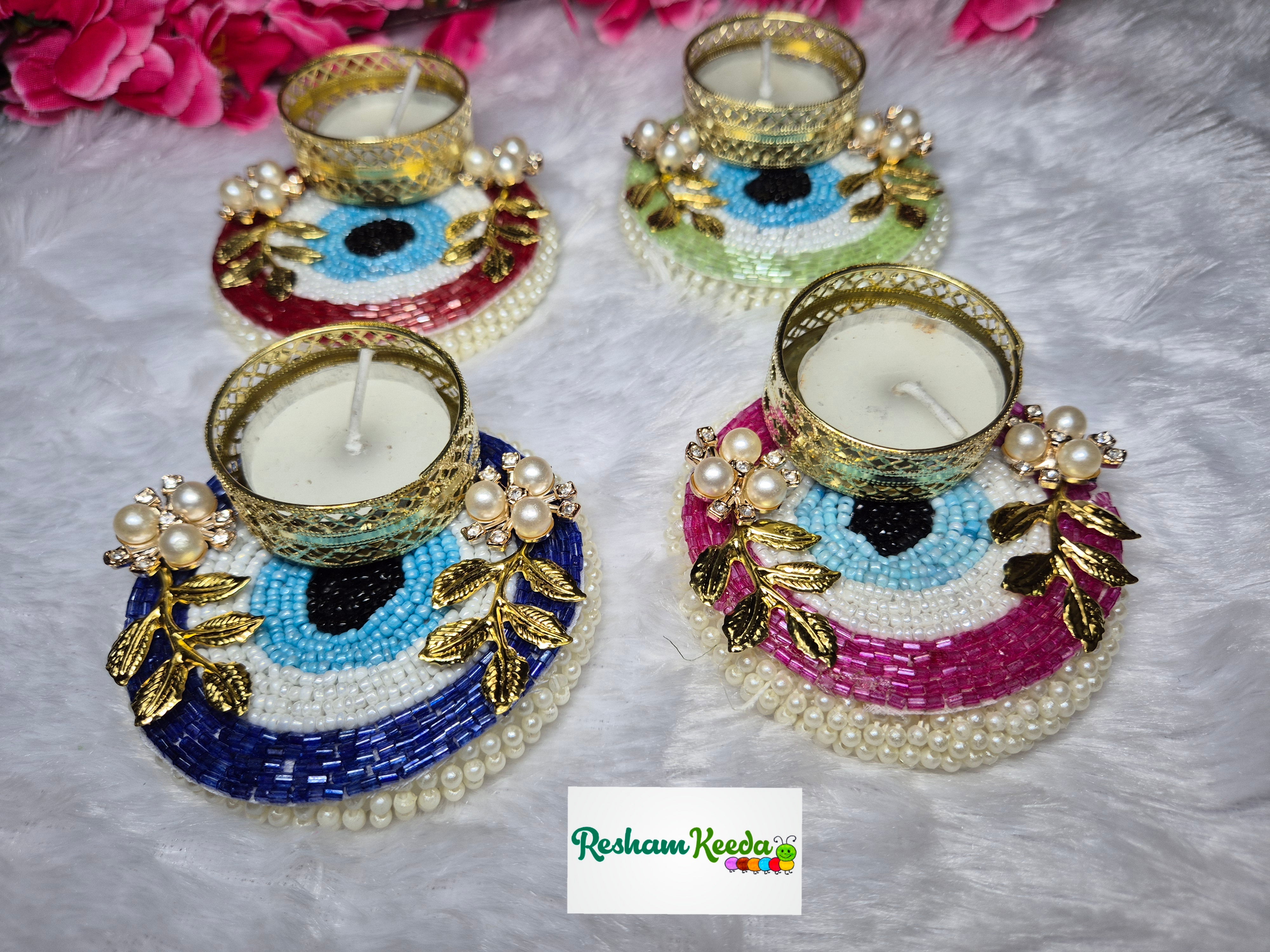 Beautiful Budget Friendly Bejwelled Stone Studded Evil Eye Candle Tlight Holders with Golden Leaves for Diwali Navratri Festival Wedding Home Decoration and Gifting (Pack of 4)