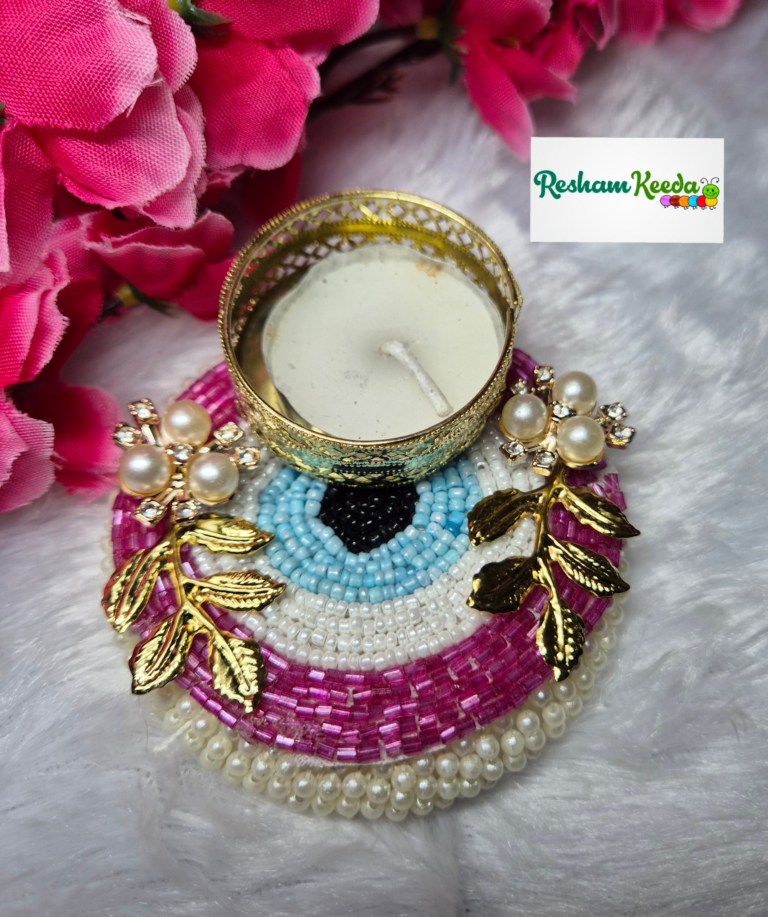 Beautiful Budget Friendly Bejwelled Stone Studded Evil Eye Candle Tlight Holders with Golden Leaves for Diwali Navratri Festival Wedding Home Decoration and Gifting (Pack of 4)