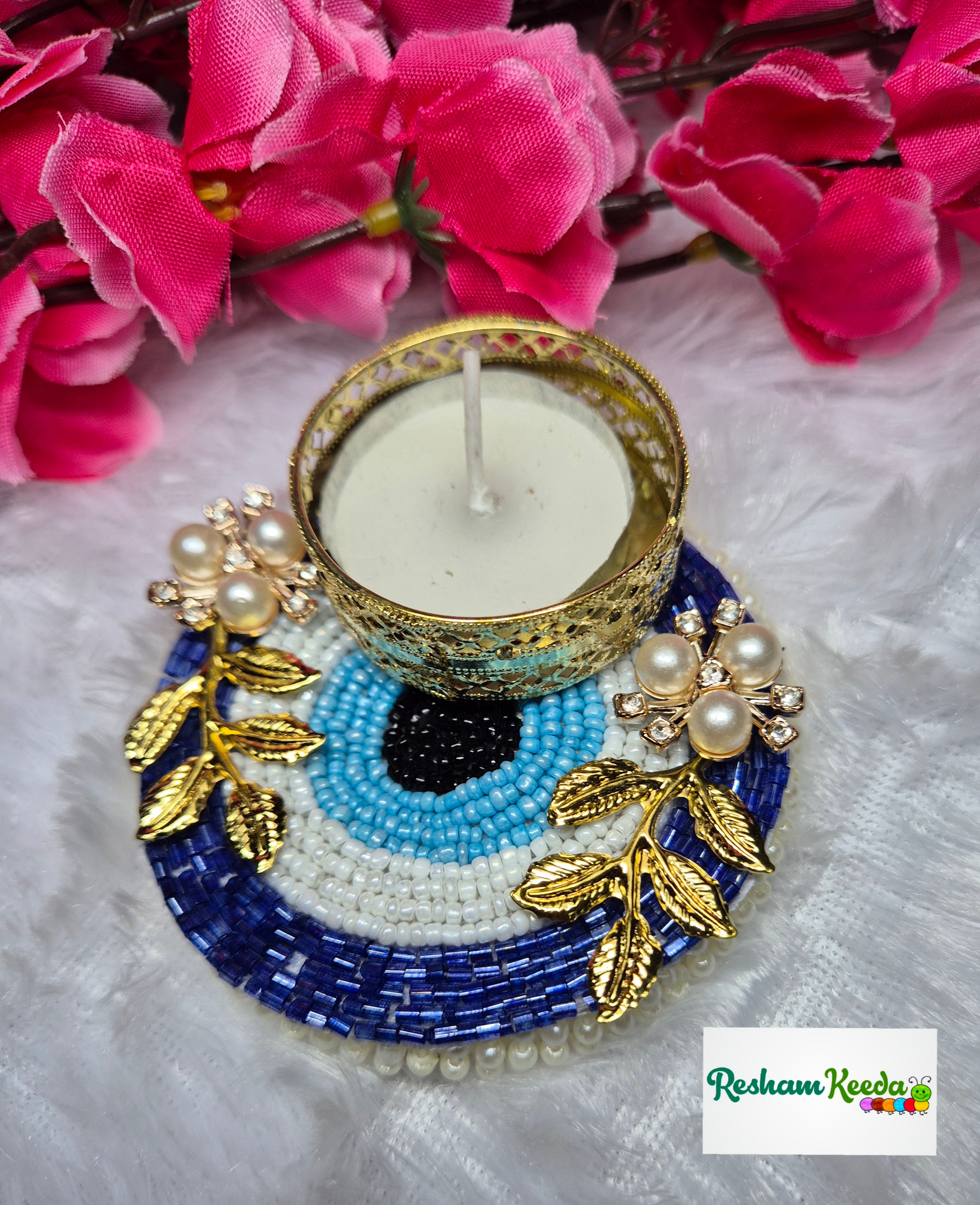 Beautiful Budget Friendly Bejwelled Stone Studded Evil Eye Candle Tlight Holders with Golden Leaves for Diwali Navratri Festival Wedding Home Decoration and Gifting (Pack of 4)
