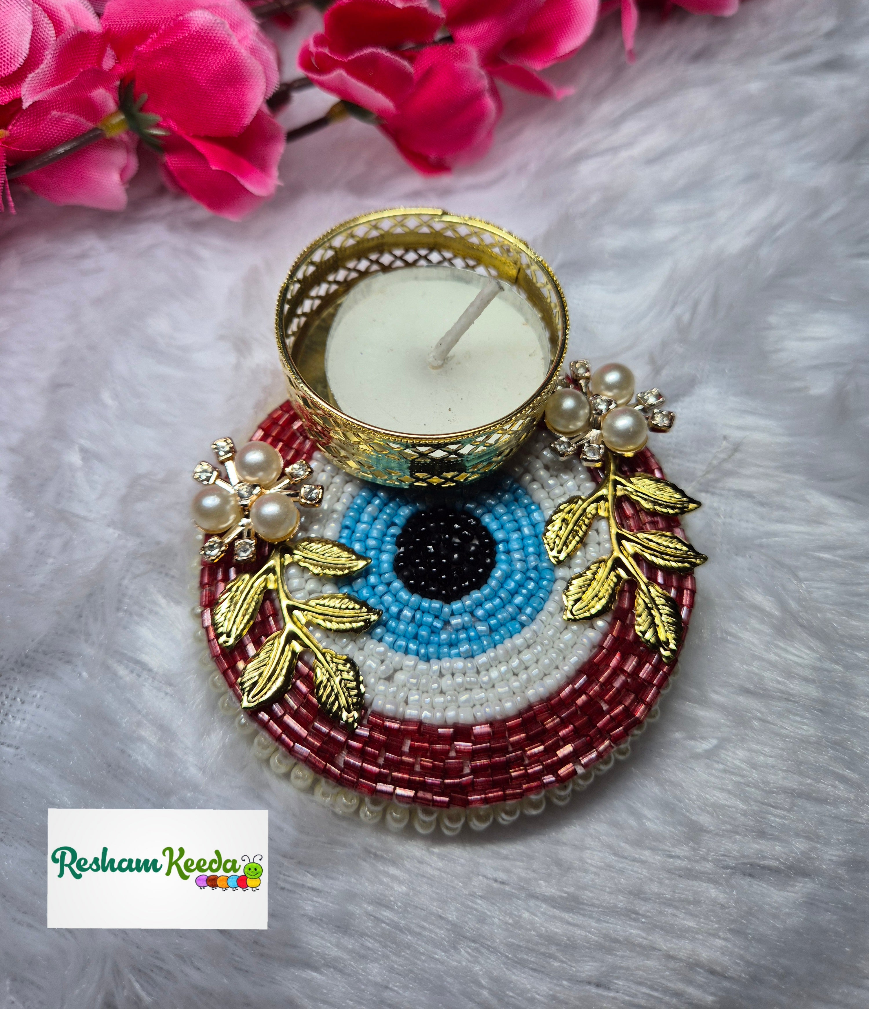 Beautiful Budget Friendly Bejwelled Stone Studded Evil Eye Candle Tlight Holders with Golden Leaves for Diwali Navratri Festival Wedding Home Decoration and Gifting (Pack of 4)