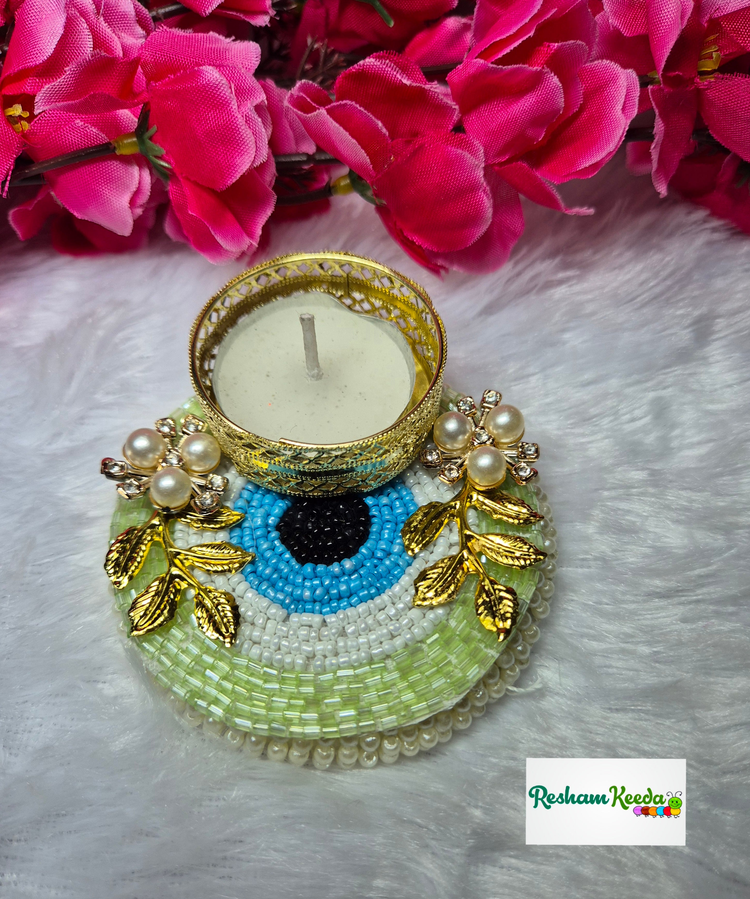 Beautiful Budget Friendly Bejwelled Stone Studded Evil Eye Candle Tlight Holders with Golden Leaves for Diwali Navratri Festival Wedding Home Decoration and Gifting (Pack of 4)