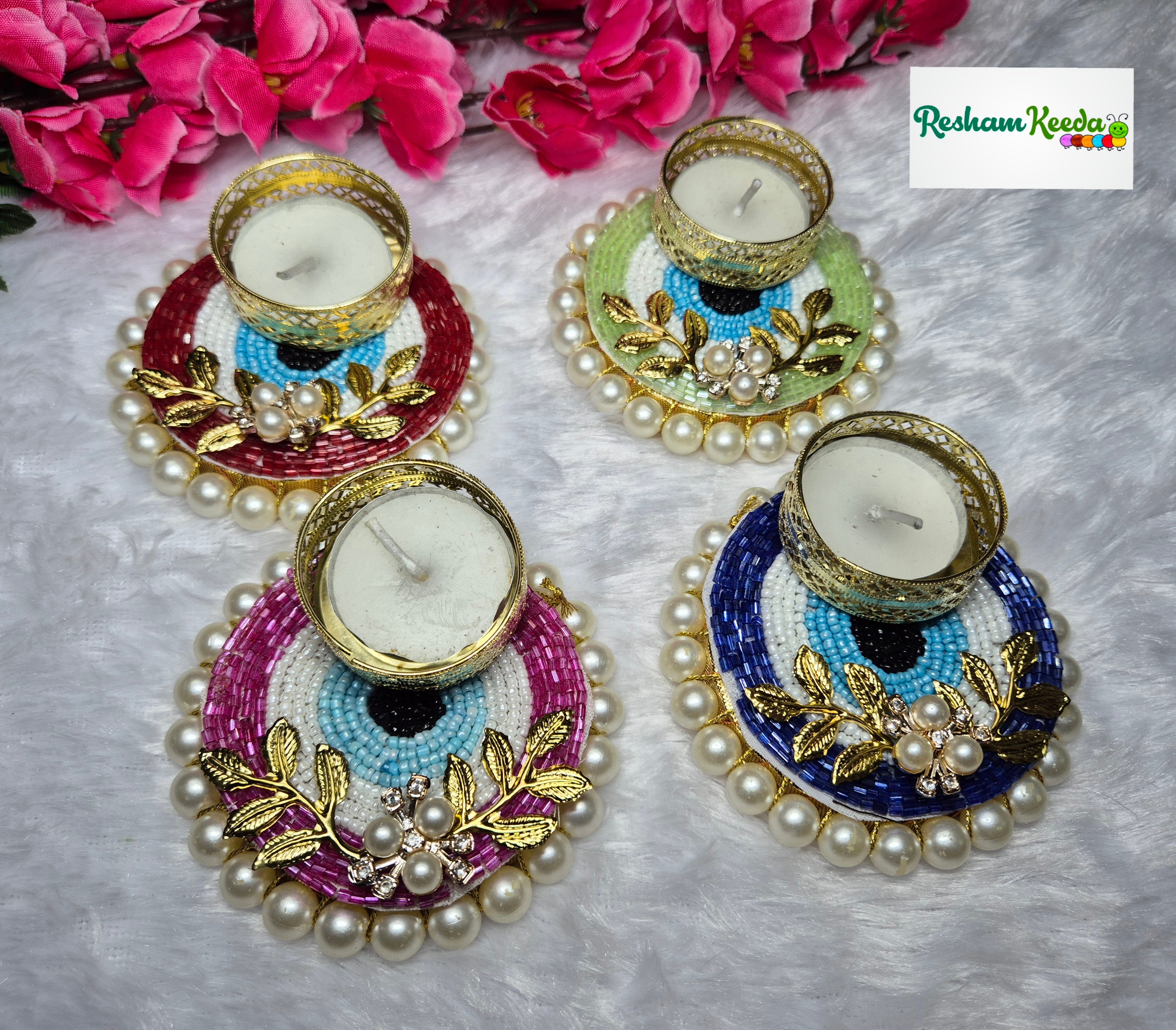 Beautiful Budget Friendly Bejwelled Stone Studded Evil Eye Candle Tlight Holders with Golden Leaves for Diwali Navratri Festival Wedding Home Decoration and Gifting (Pack of 4)