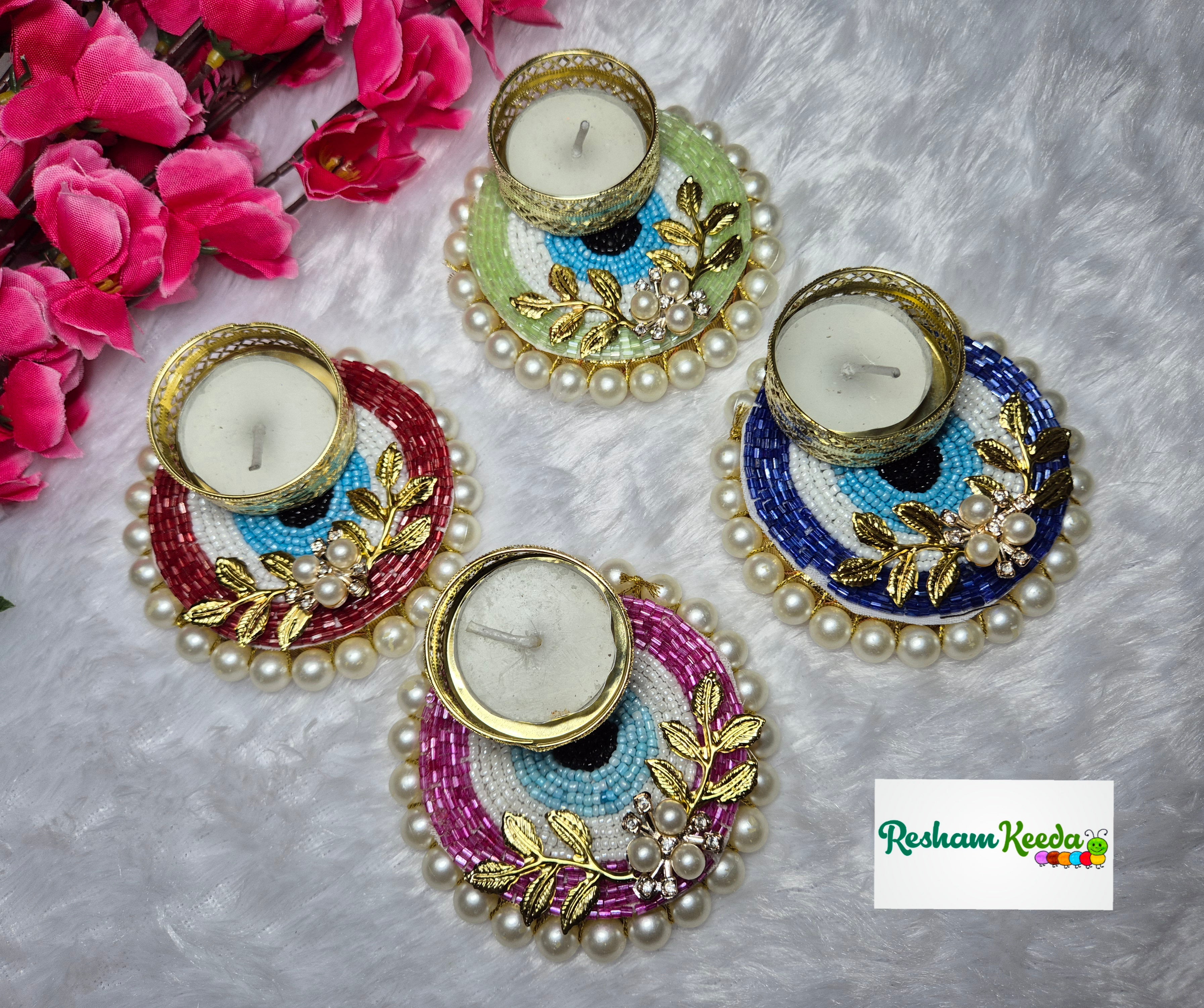 Beautiful Budget Friendly Bejwelled Stone Studded Evil Eye Candle Tlight Holders with Golden Leaves for Diwali Navratri Festival Wedding Home Decoration and Gifting (Pack of 4)