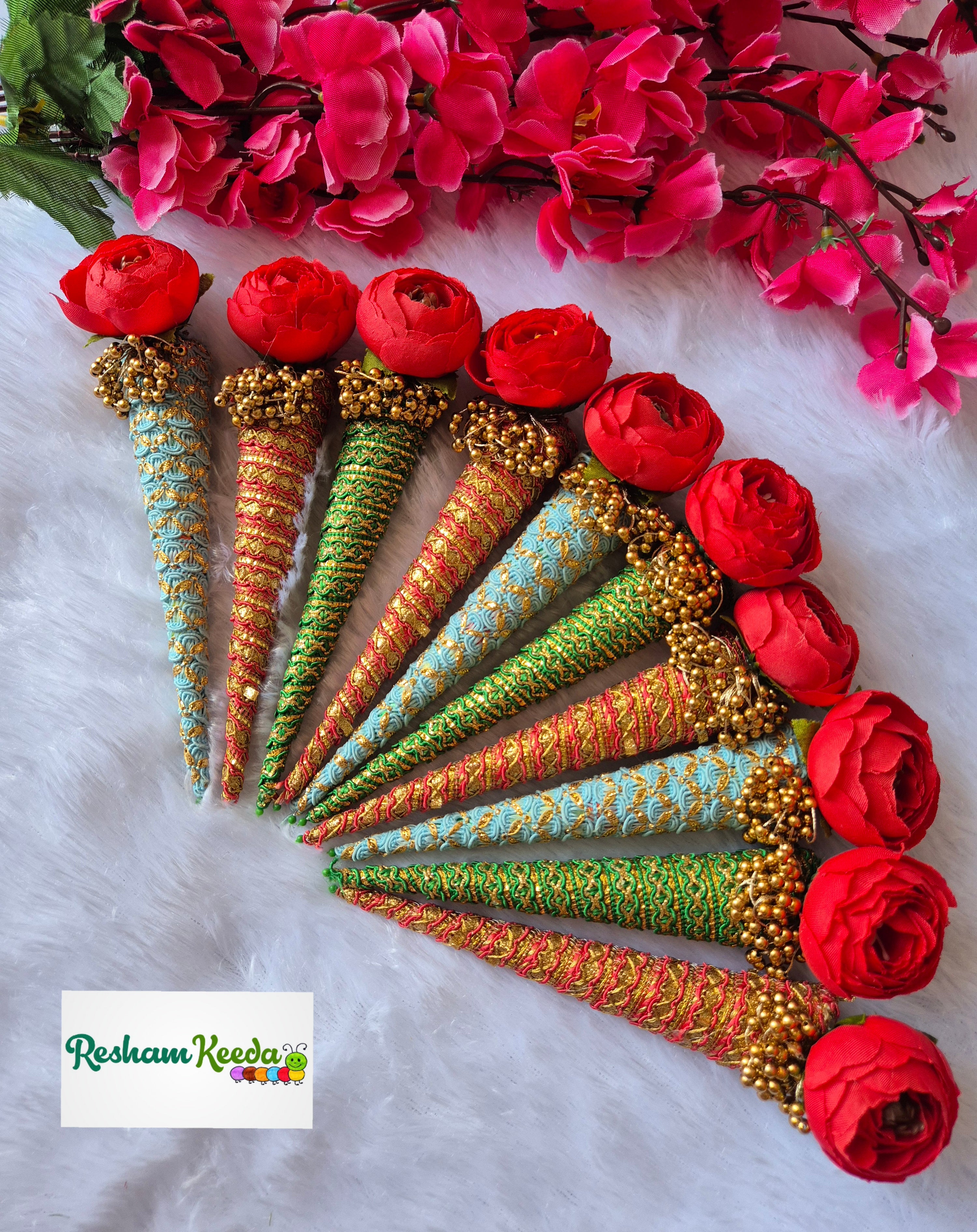 Designer Gota Pom Pom Natural Long Lasting Mehendi Mehandi Heena Hina Cones For Hand - Perfect Favours For Teej, Gangaur, Navratri, Diwali, Eid Party, Pooja, Haldi Mehendi & Wedding Ceremonies (Pack of 10)