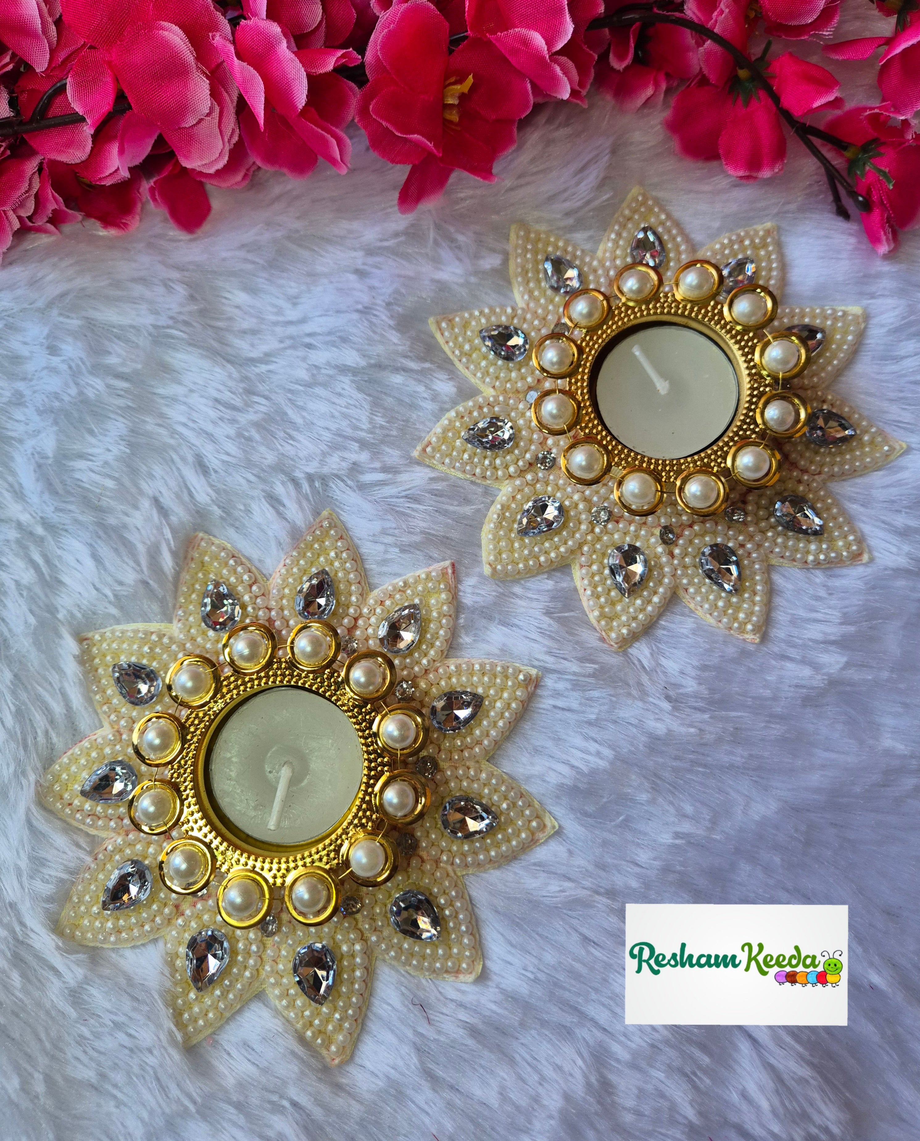 Beautiful Budget Friendly White Pearl Flower Candle Tlight Holders for Diwali Navratri Festival Wedding Home Decoration and Gifting (Pack of 2)