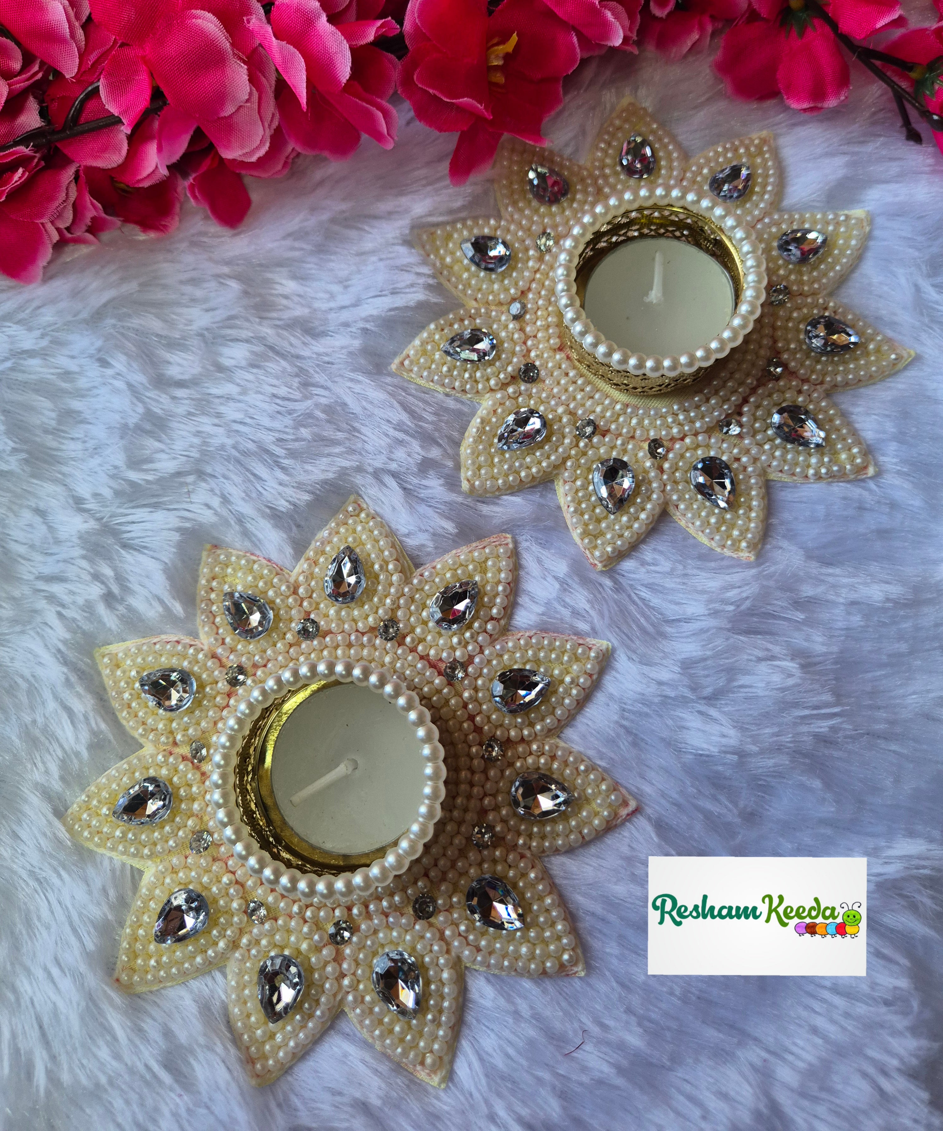 Beautiful Budget Friendly White Pearl Flower Candle Tlight Holders for Diwali Navratri Festival Wedding Home Decoration and Gifting (Pack of 2)