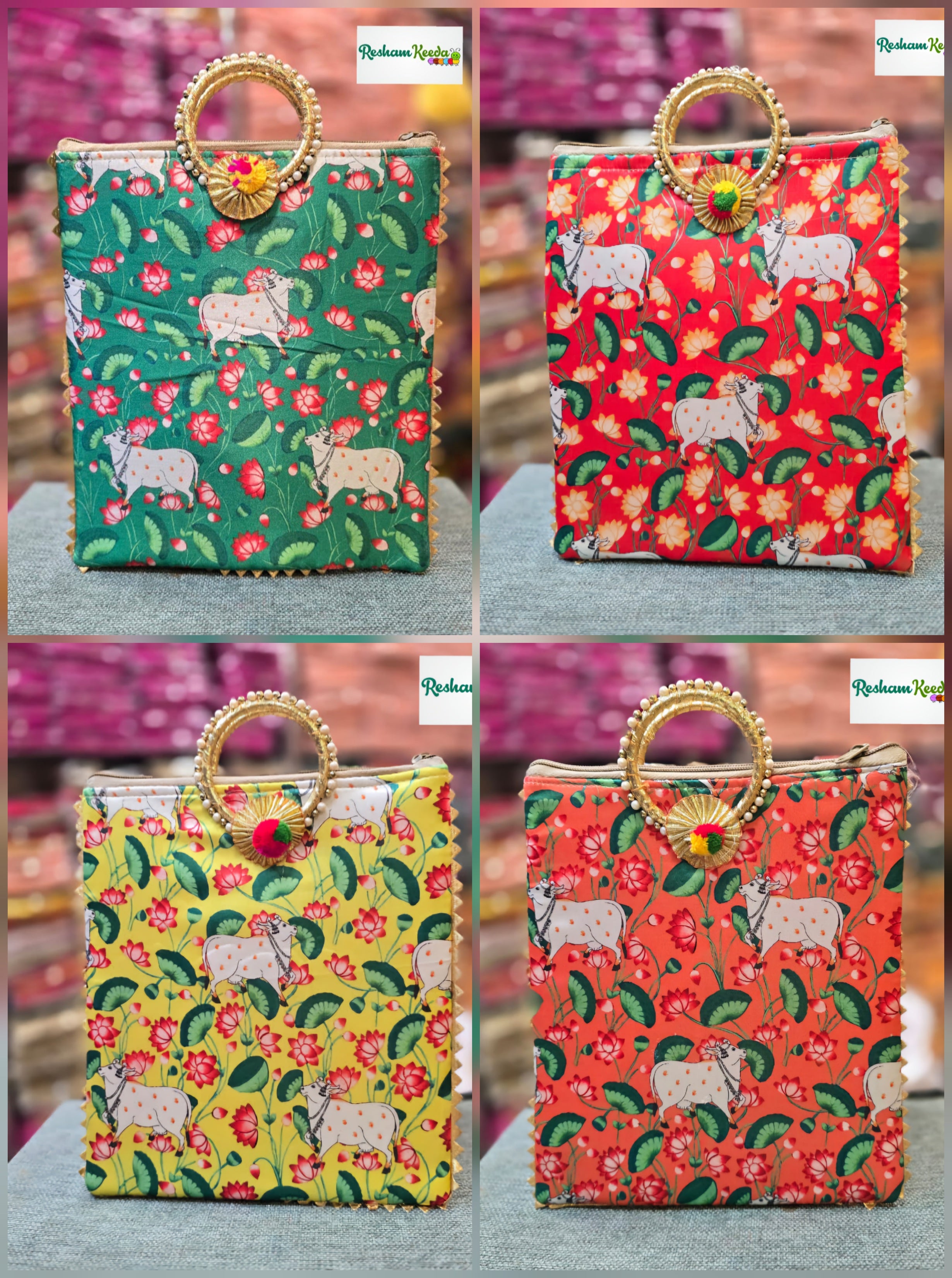 Premium Quality Digital Pichwai Cow Print Potli Perfect for Return Gift Favours Giveaways in Teej Haldi Mehendi and Wedding Events (Pack of 10)