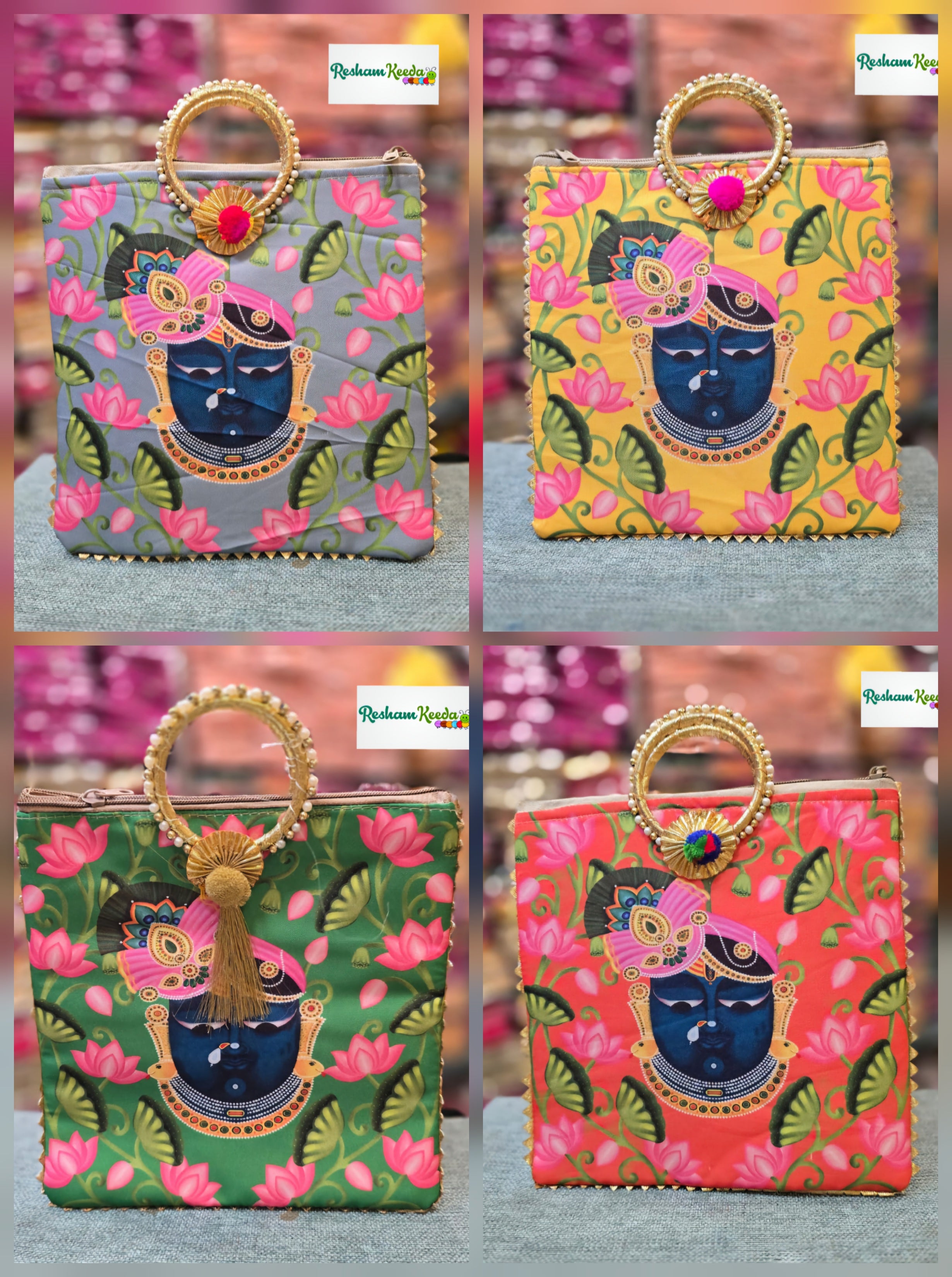 Premium Quality Digital Pichwai Srinathji Print Potli Perfect for Return Gift Favours Giveaways in Teej Haldi Mehendi and Wedding Events (Pack of 10)