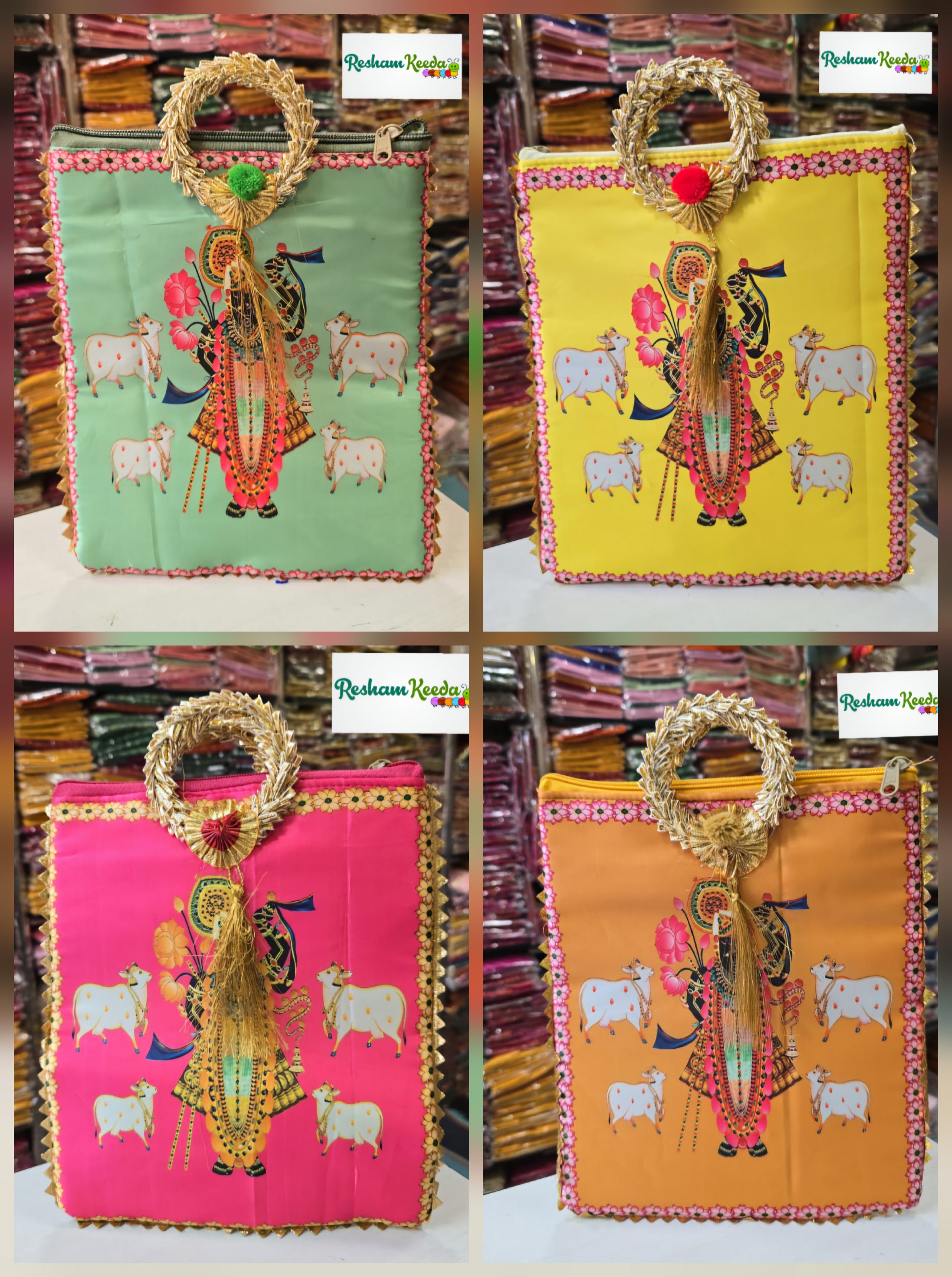 Premium Quality Digital Pichwai Srinathji Cow Print Potli Perfect for Return Gift Favours Giveaways in Teej Haldi Mehendi and Wedding Events (Pack of 10)
