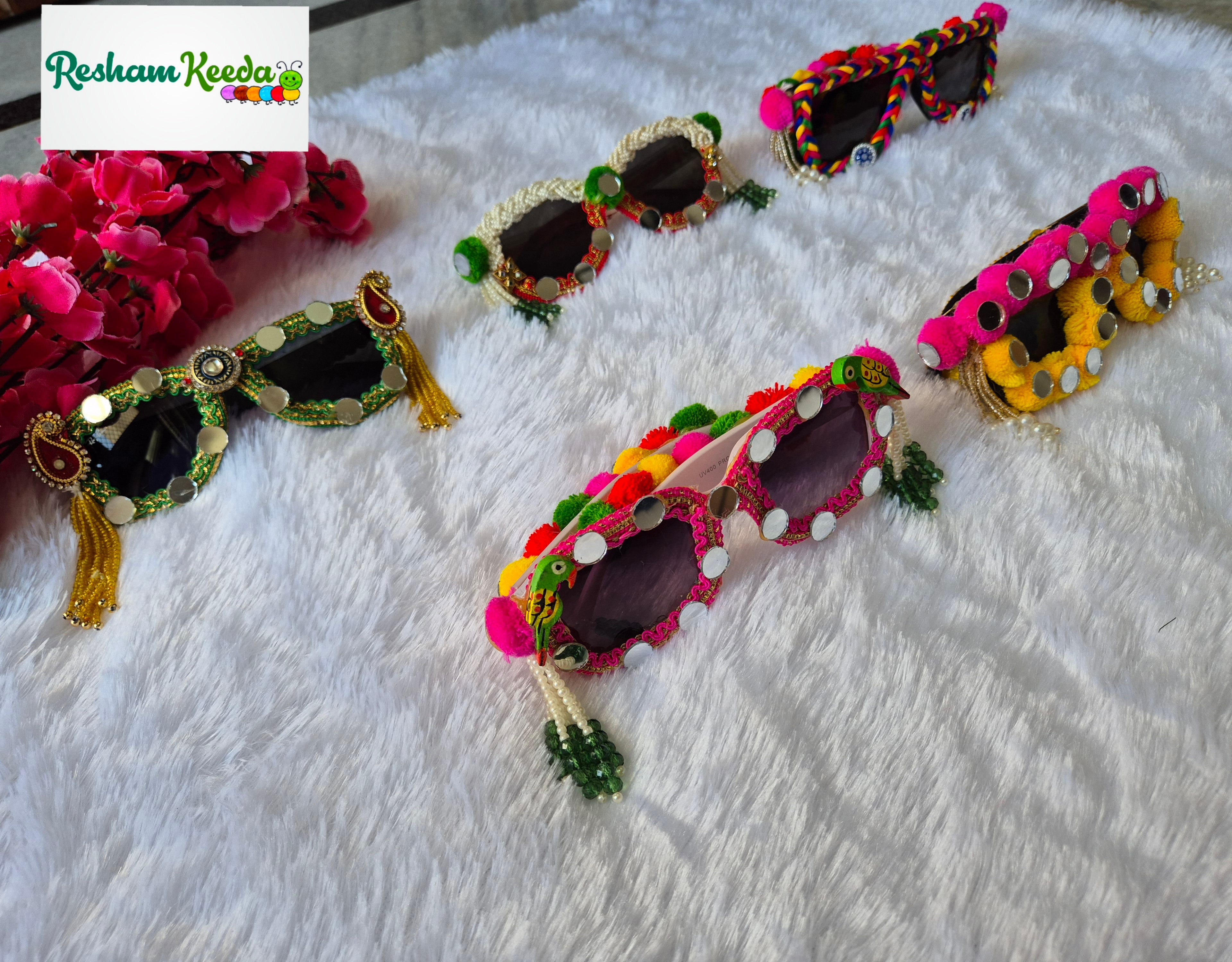 Most Trending Premium Exclusive Decorated Goggles Chashma Glasses Specs Sunglasses Shades for Haldi Mehendi Carnival Bachelors Wedding Birthday Anniversary Baby Shower Diwali Dandiya Garba Navratri Teej Kitty and Theme Parties Photo Props (Pack of 5)