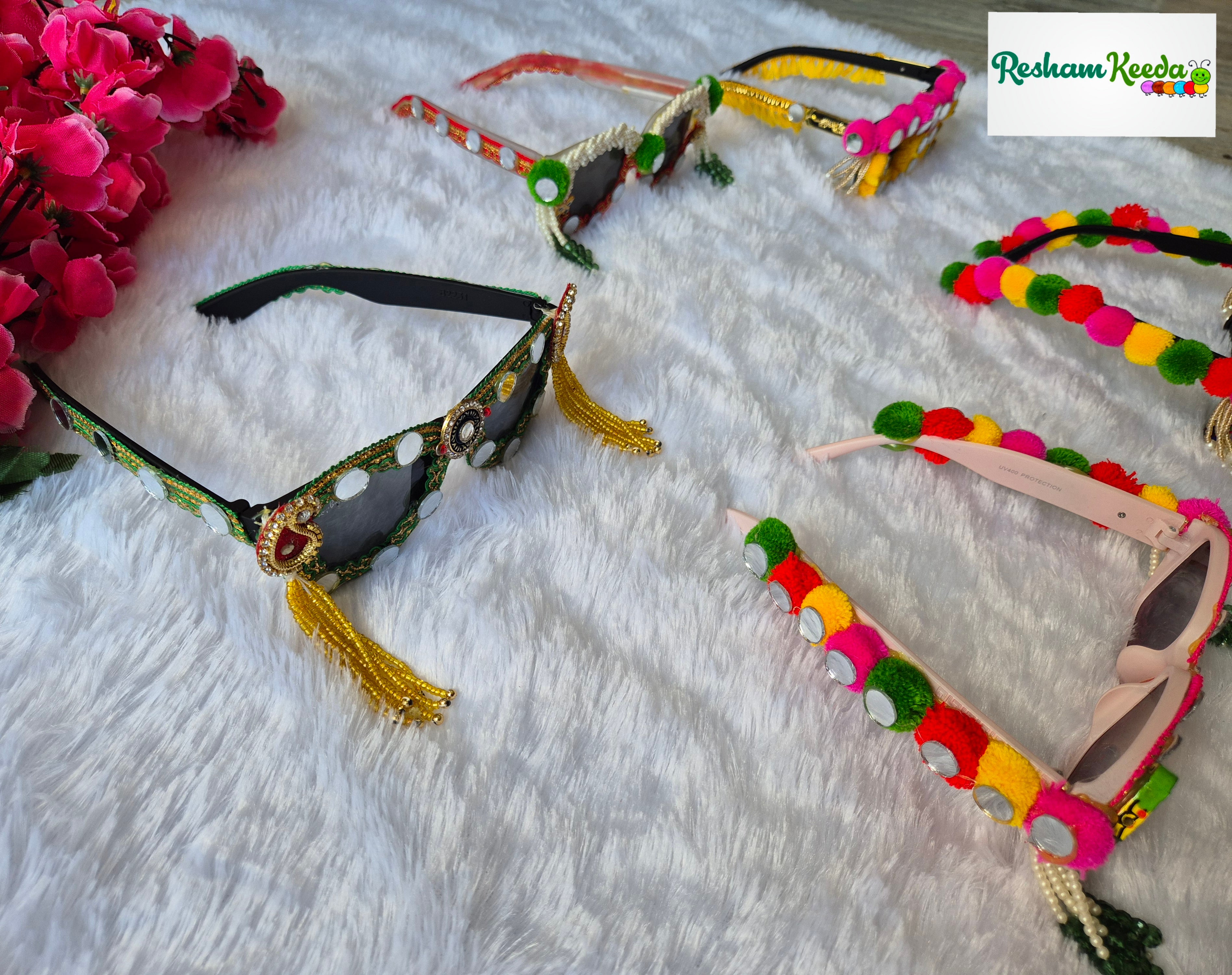 Most Trending Premium Exclusive Decorated Goggles Chashma Glasses Specs Sunglasses Shades for Haldi Mehendi Carnival Bachelors Wedding Birthday Anniversary Baby Shower Diwali Dandiya Garba Navratri Teej Kitty and Theme Parties Photo Props (Pack of 5)