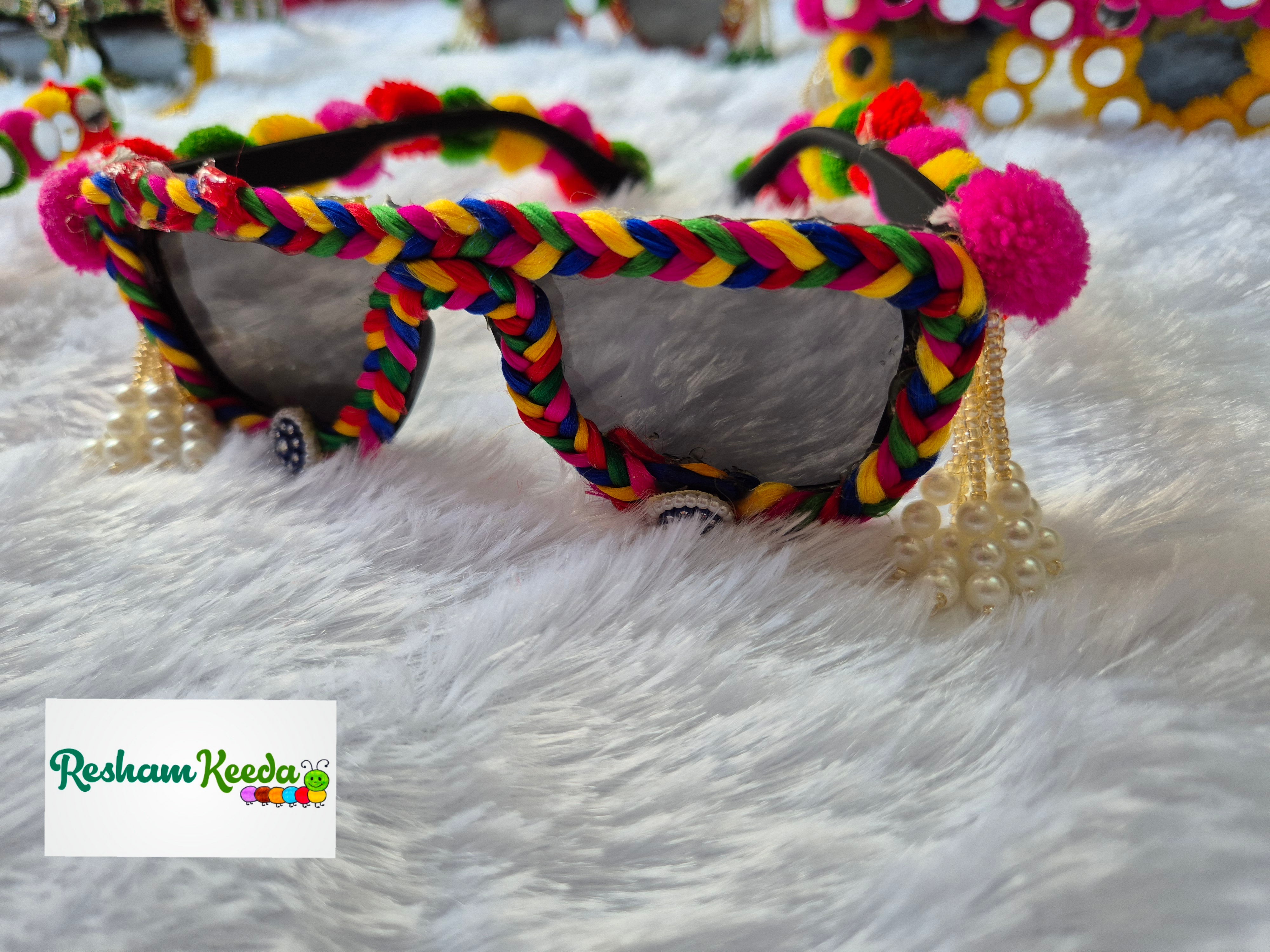 Most Trending Premium Exclusive Decorated Goggles Chashma Glasses Specs Sunglasses Shades for Haldi Mehendi Carnival Bachelors Wedding Birthday Anniversary Baby Shower Diwali Dandiya Garba Navratri Teej Kitty and Theme Parties Photo Props (Pack of 5)