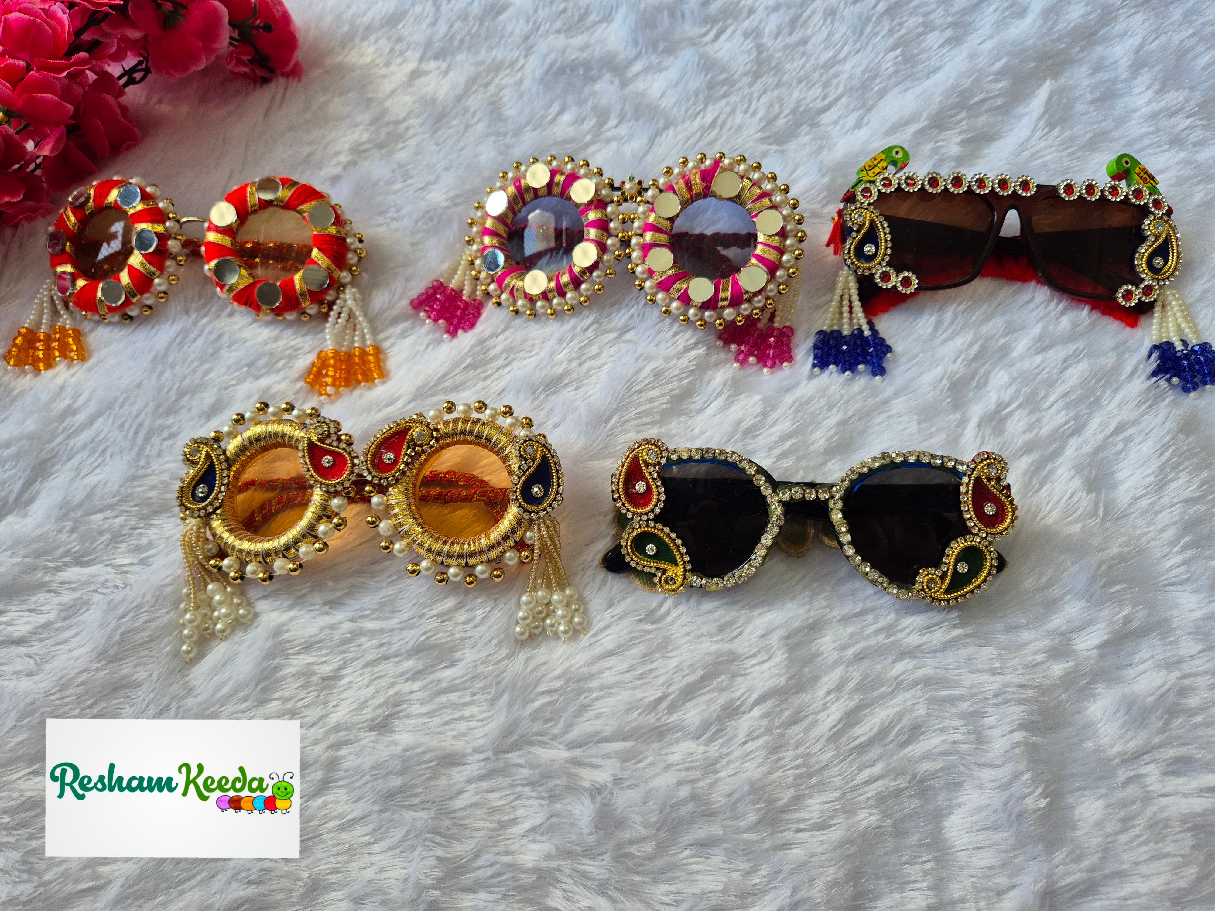Most Viral Premium Exclusive Decorated Goggles Chashma Glasses Specs Sunglasses Shades for Haldi Mehendi Carnival Bachelors Wedding Birthday Anniversary Baby Shower Diwali Dandiya Garba Navratri Teej Kitty and Theme Parties Photo Props (Pack of 5)