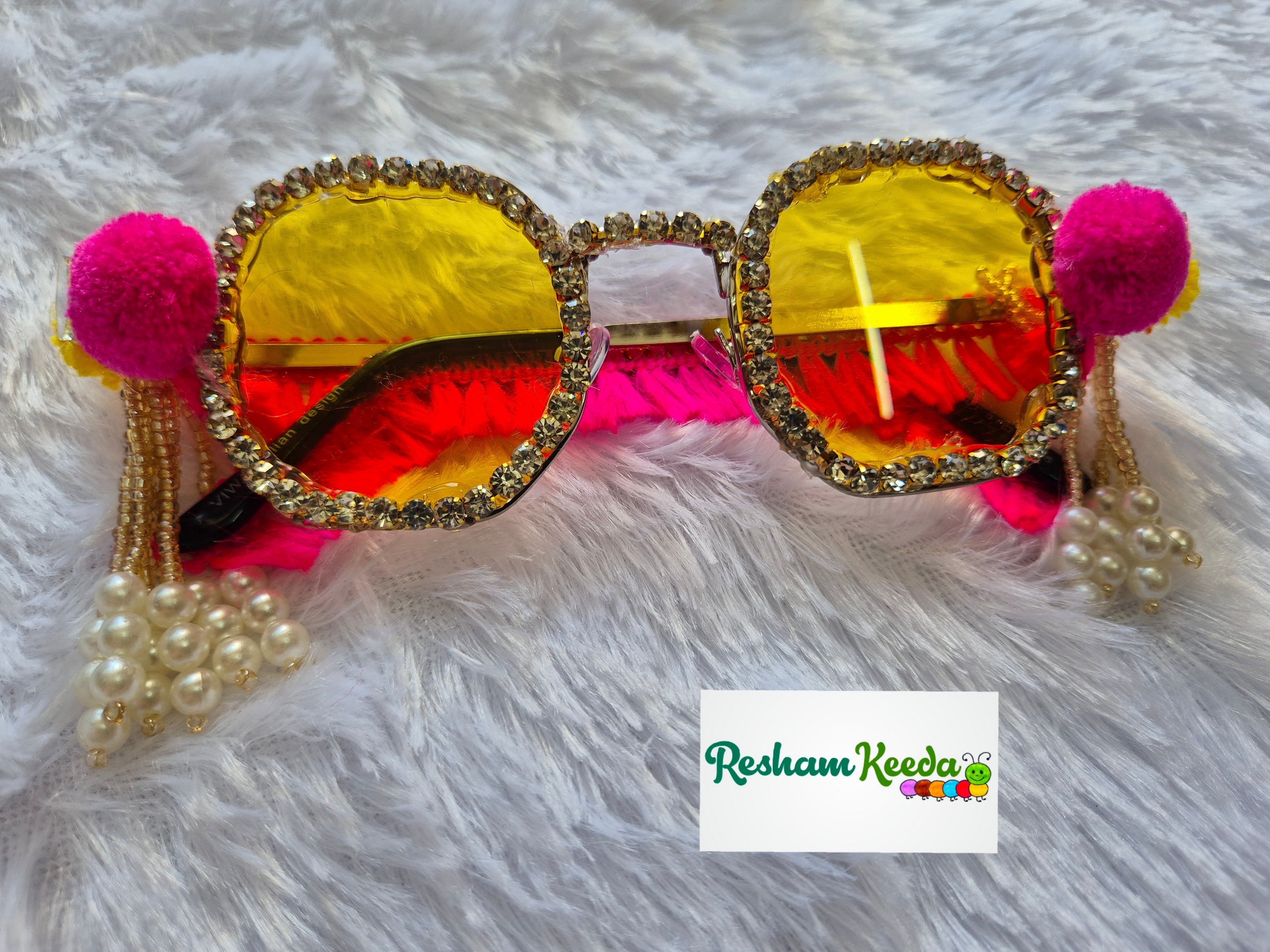 Most Trending Premium Exclusive Decorated Goggles Chashma Glasses Specs Sunglasses Shades for Haldi Mehendi Carnival Bachelors Wedding Birthday Anniversary Baby Shower Diwali Dandiya Garba Navratri Teej Kitty and Theme Parties Photo Props (Pack of 5)