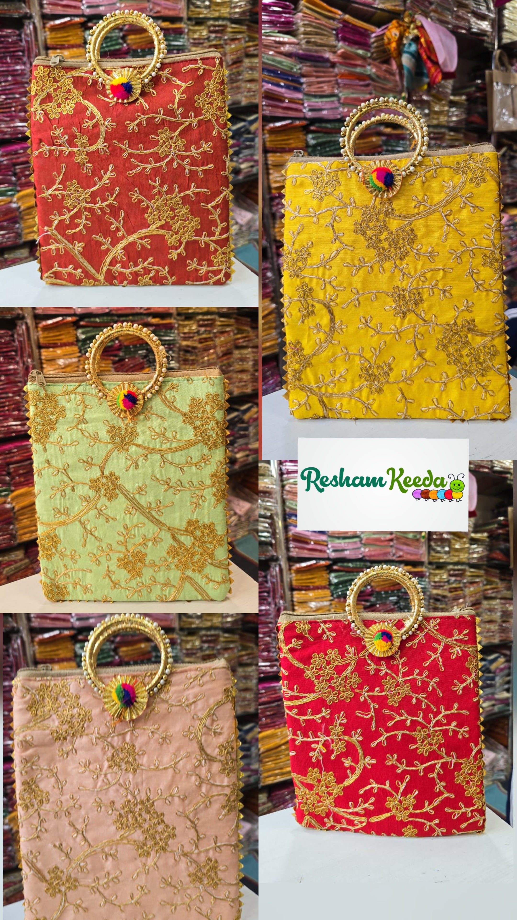 Budget Friendly Heavy Embroidery Jaipuri Potli Purses with Pearl Handle (Set of 10) - Perfect for Return Gift on Diwali, Haldi, Mehandi Teej Parties & Wedding Events Gifting Favours