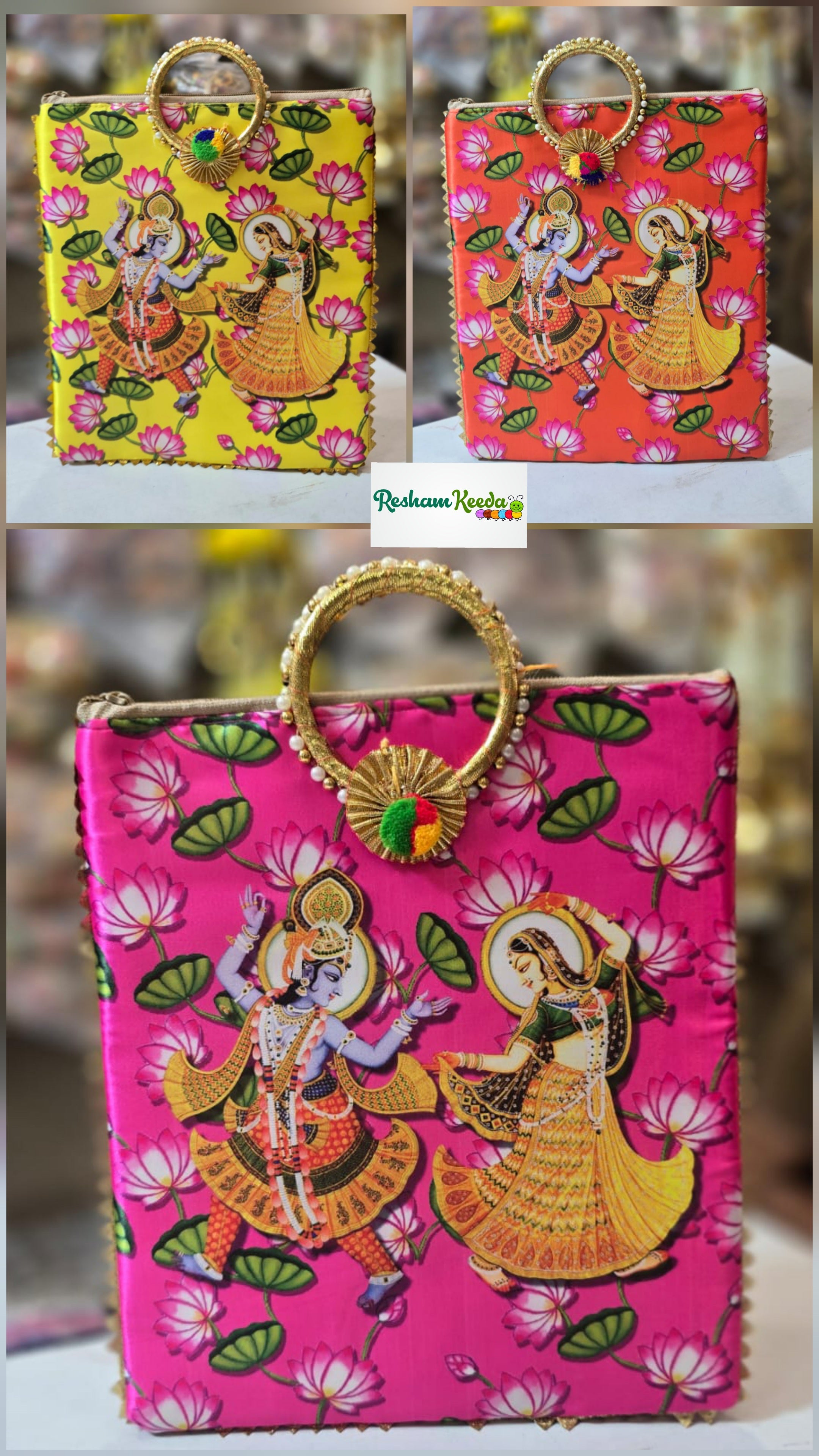 Budget Friendly Radha Krishna Pichwai Lotus Floral Digital Printed Purses Potli with Pearl Bangle Handle and Zipper Closure Perfect for Return Gift Favours Giveaways in Teej Parties Haldi Mehendi Diwali Festive and Wedding Events