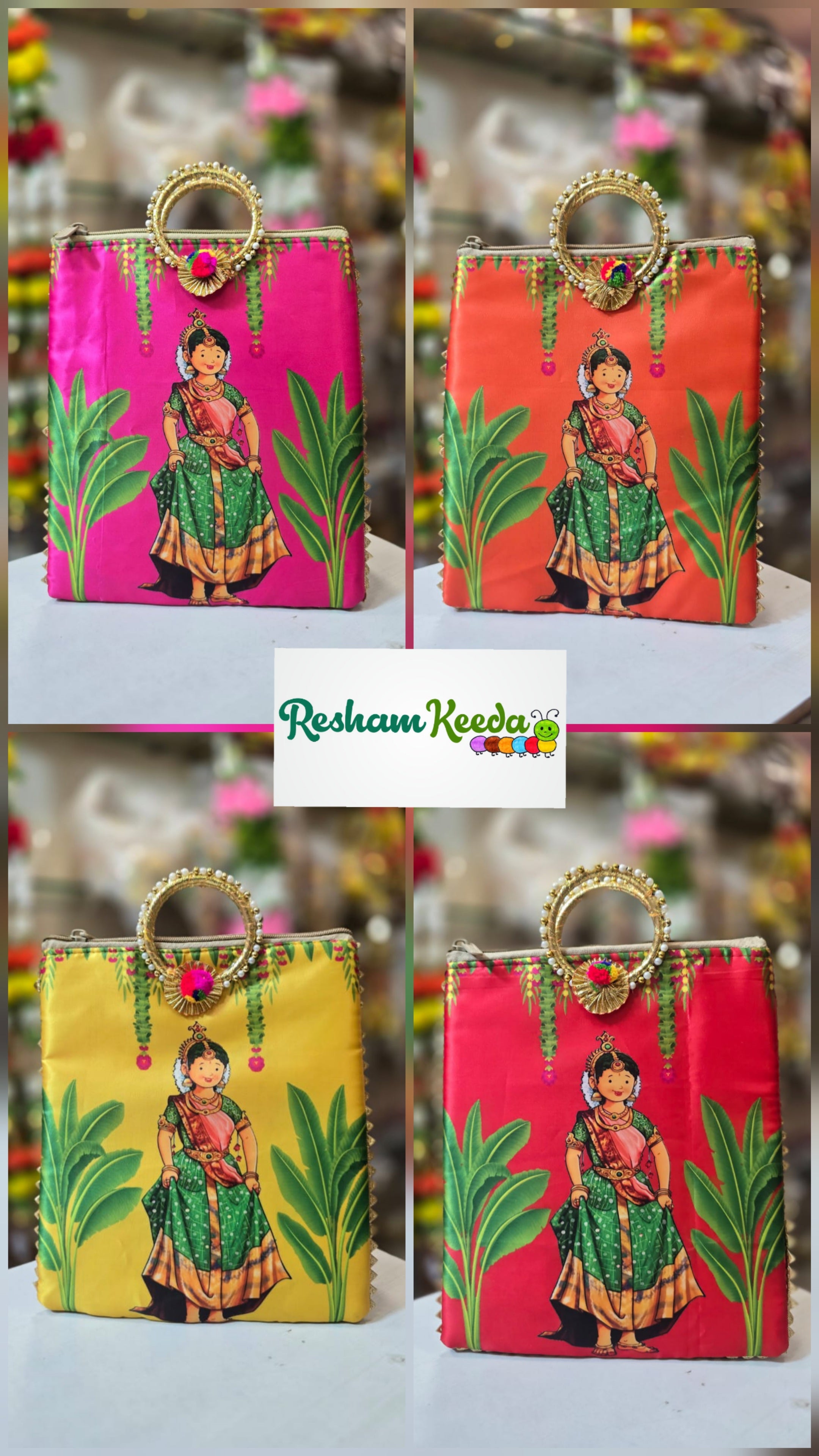 Budget Friendly Dulhan Bride Digital Printed Purses Potli with Pearl Bangle Handle and Zipper Closure Perfect for Return Gift Favours Giveaways in Teej Parties Haldi Mehendi Diwali Festive and Wedding Events