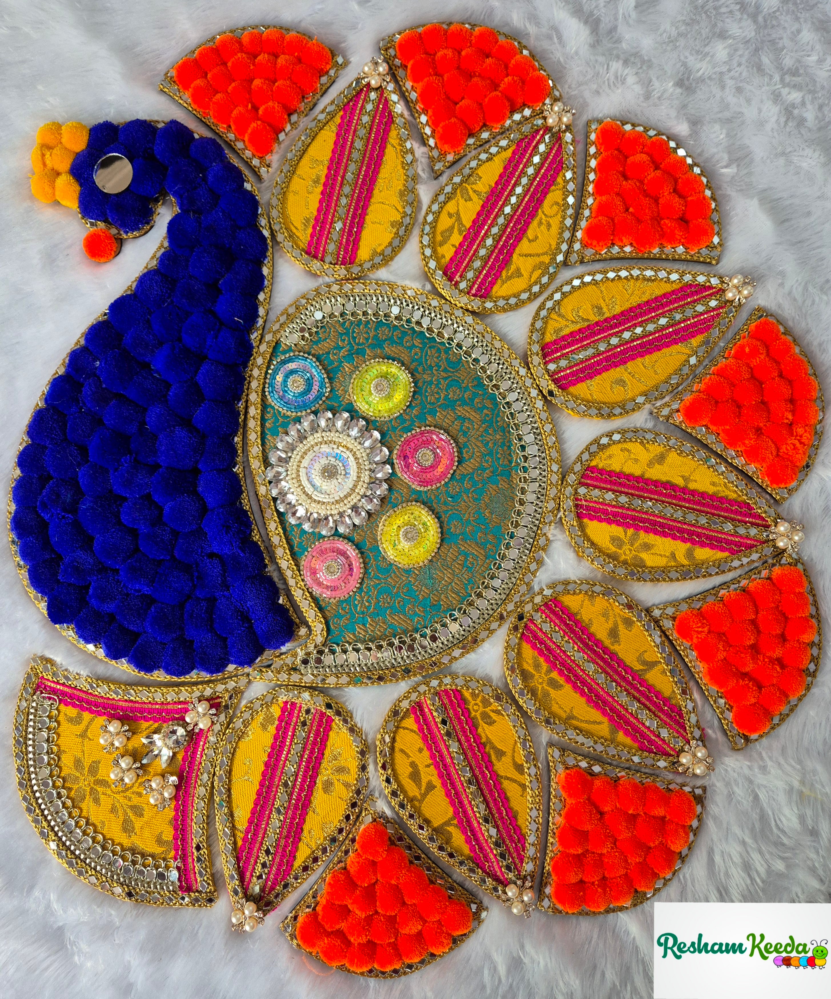 Beautiful Handcrafted Pom Pom Big Size MDF Readymade Rangoli Set in Vi ...
