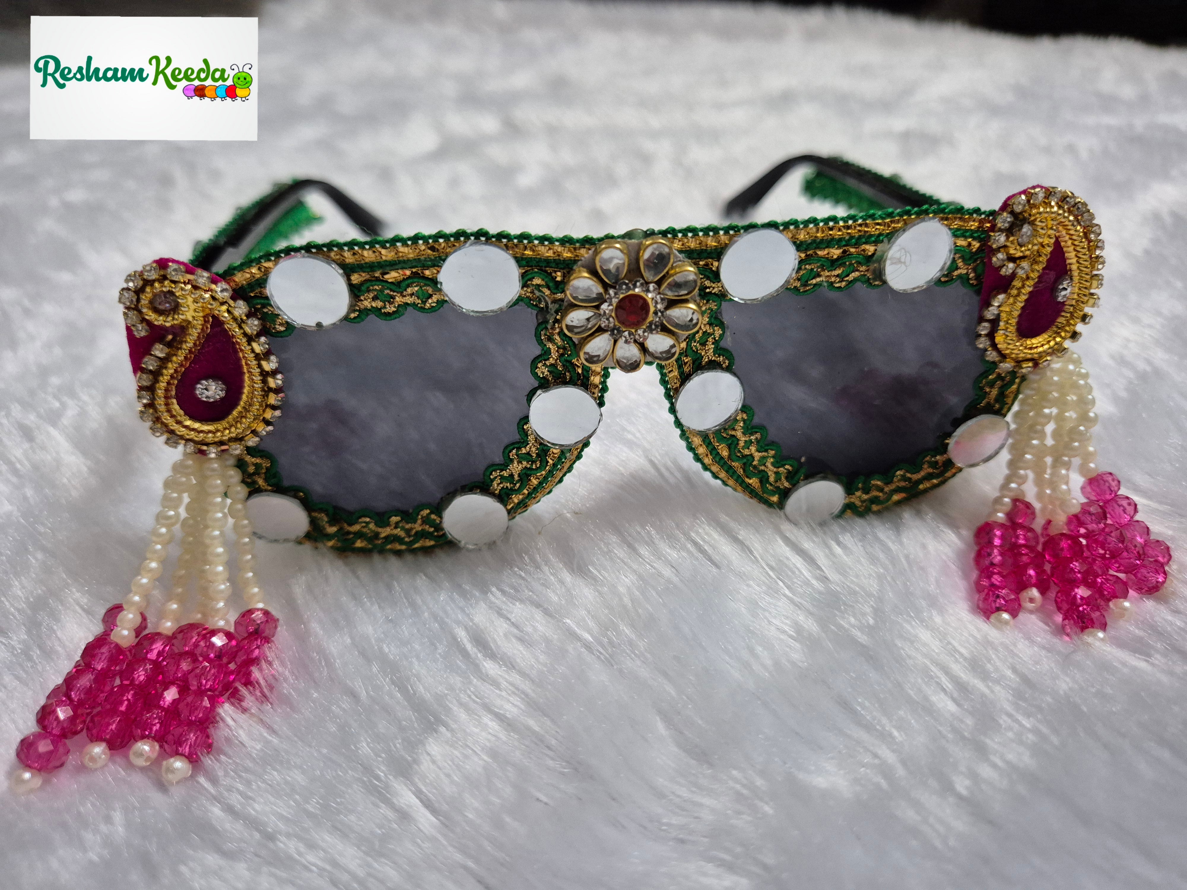 Most Trending Premium Exclusive Decorated Goggles Chashma Glasses Specs Sunglasses Shades for Haldi Mehendi Carnival Bachelors Wedding Birthday Anniversary Baby Shower Diwali Dandiya Garba Navratri Teej Kitty and Theme Parties Photo Props (Pack of 5)