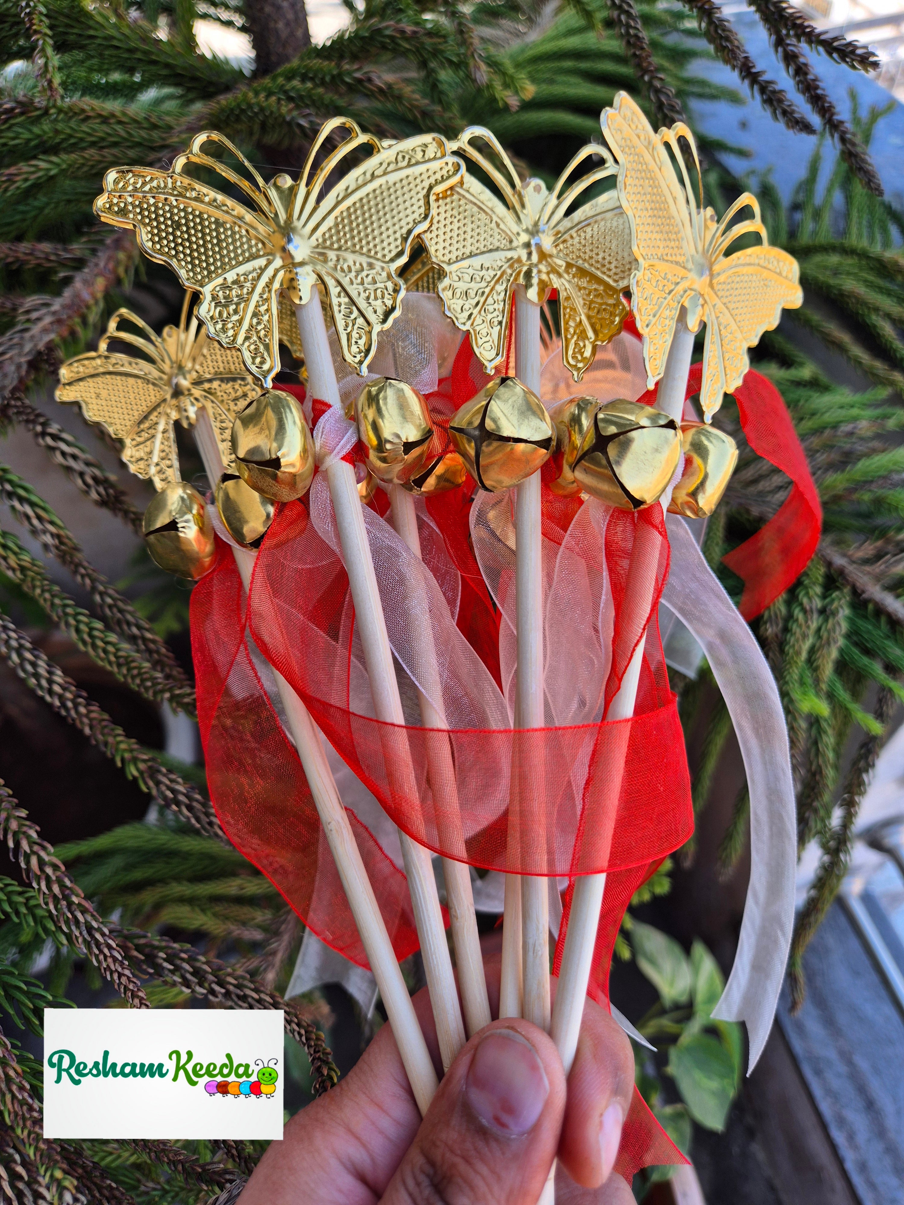 Beautiful Butterfly Fairy Angel Princess Wedding Bells Ghungroo Sticks Rattles for Baby Shower, Welcome, Bride, Baraat Phera Haldi Mehendi Keertan Satsang Faag Faagotsav Krishna Janmotsav Janamashtmi Giveaways Return Gifts Gifting Favours (Pack of 20)